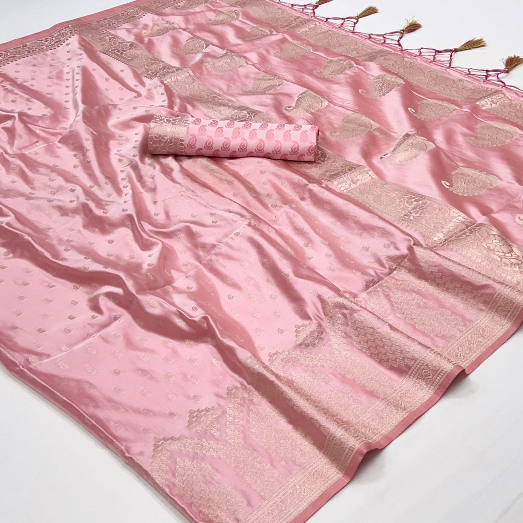 Peach Woven Satin Saree With Tassels
