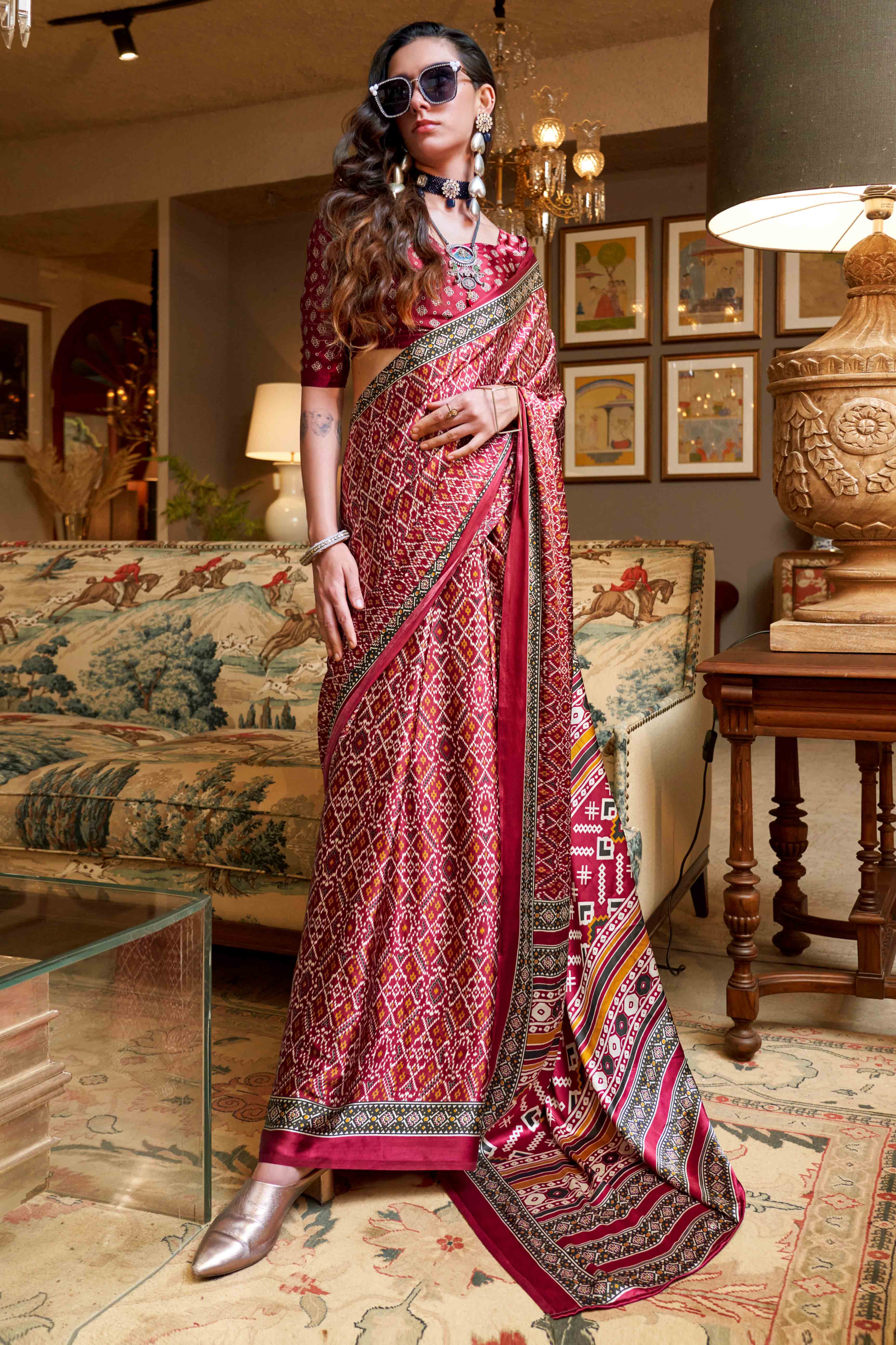 Magenta Patola Printed Satin Crepe Saree