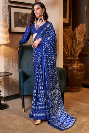 Blue Patola Printed Satin Crepe Saree