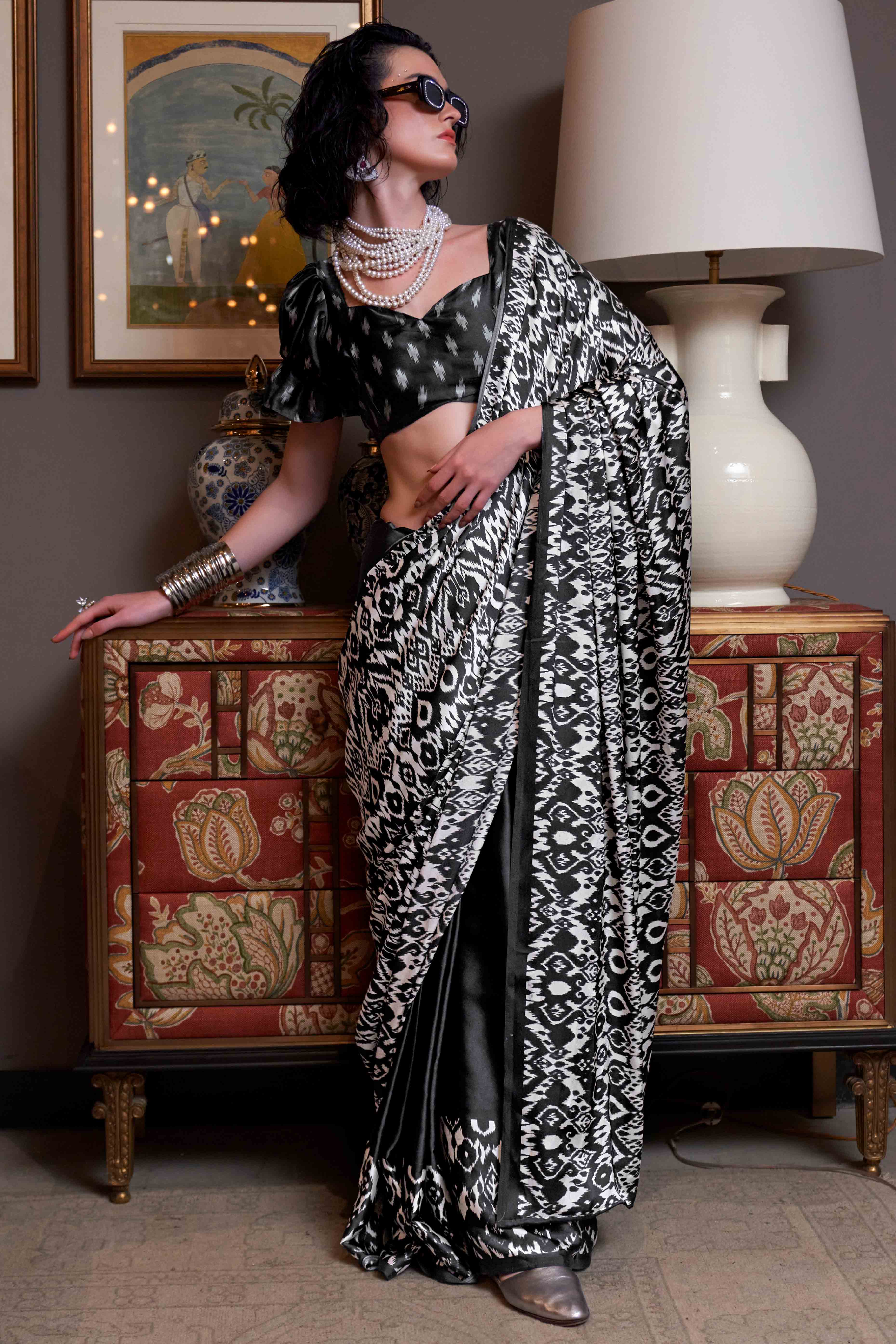 Black Patola Printed Satin Crepe Saree