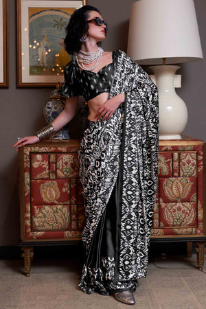 Black Patola Printed Satin Crepe Saree