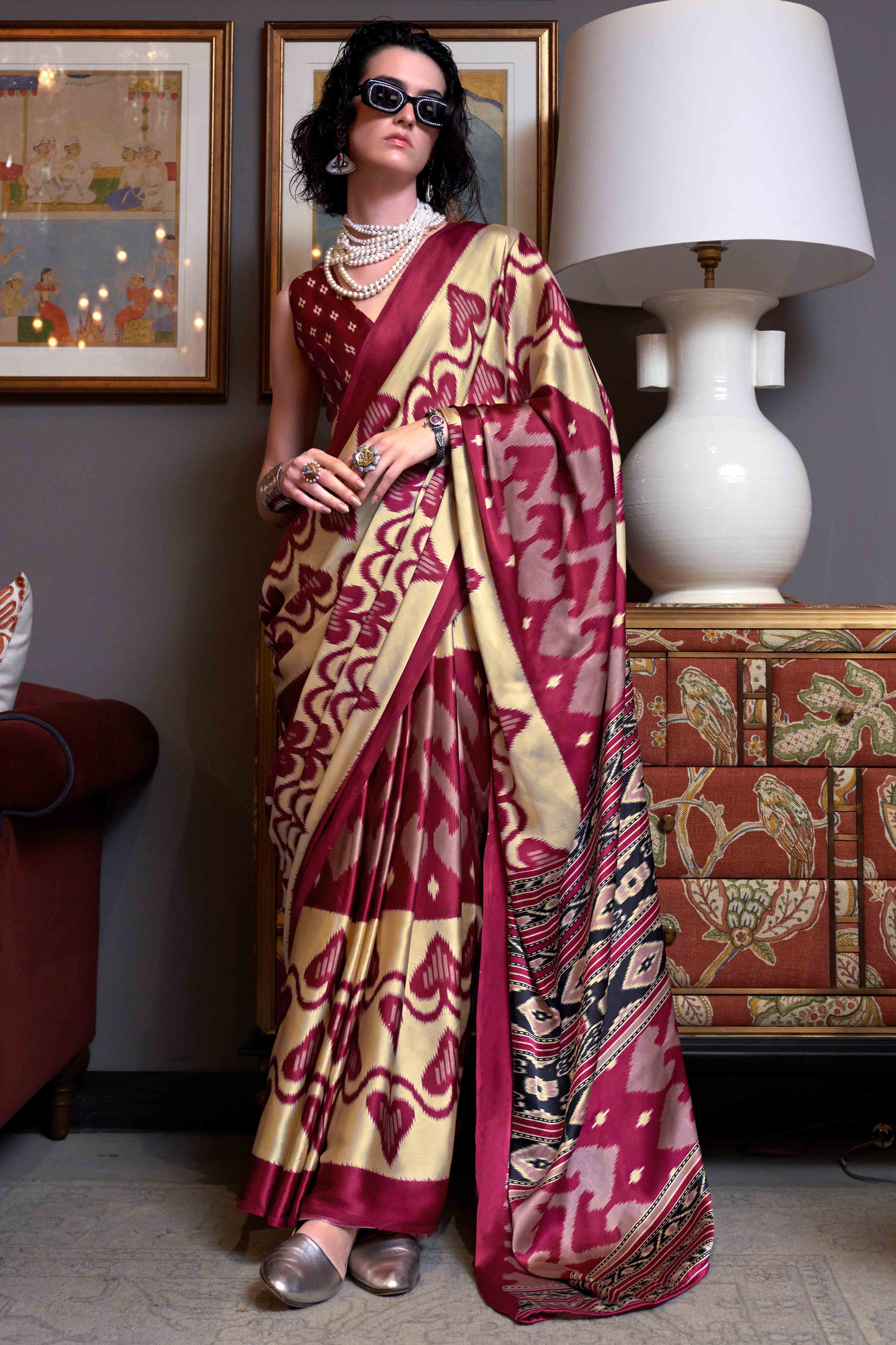 Magenta & Cream Patola Printed Satin Crepe Saree