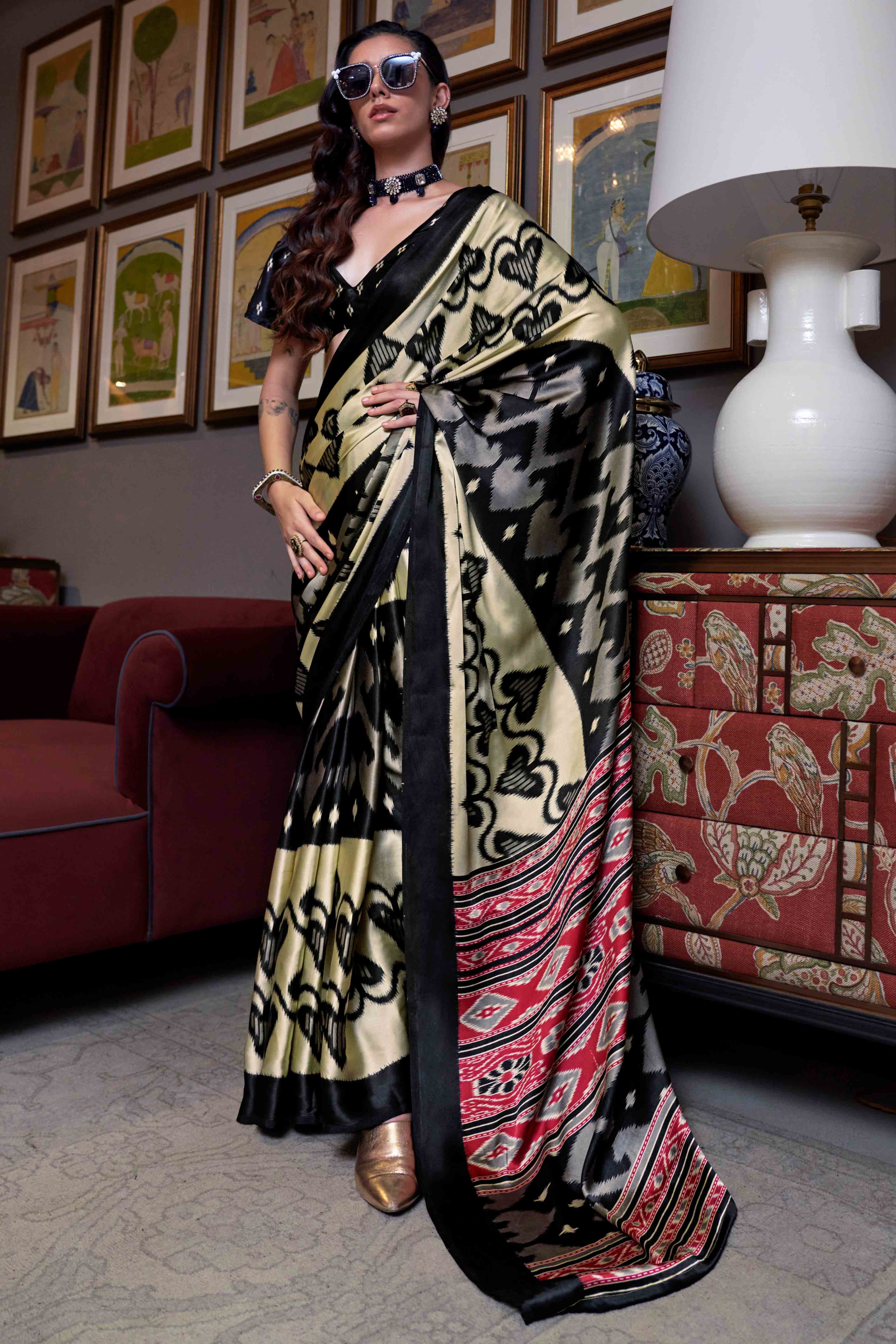 Black & Cream Patola Printed Satin Crepe Saree