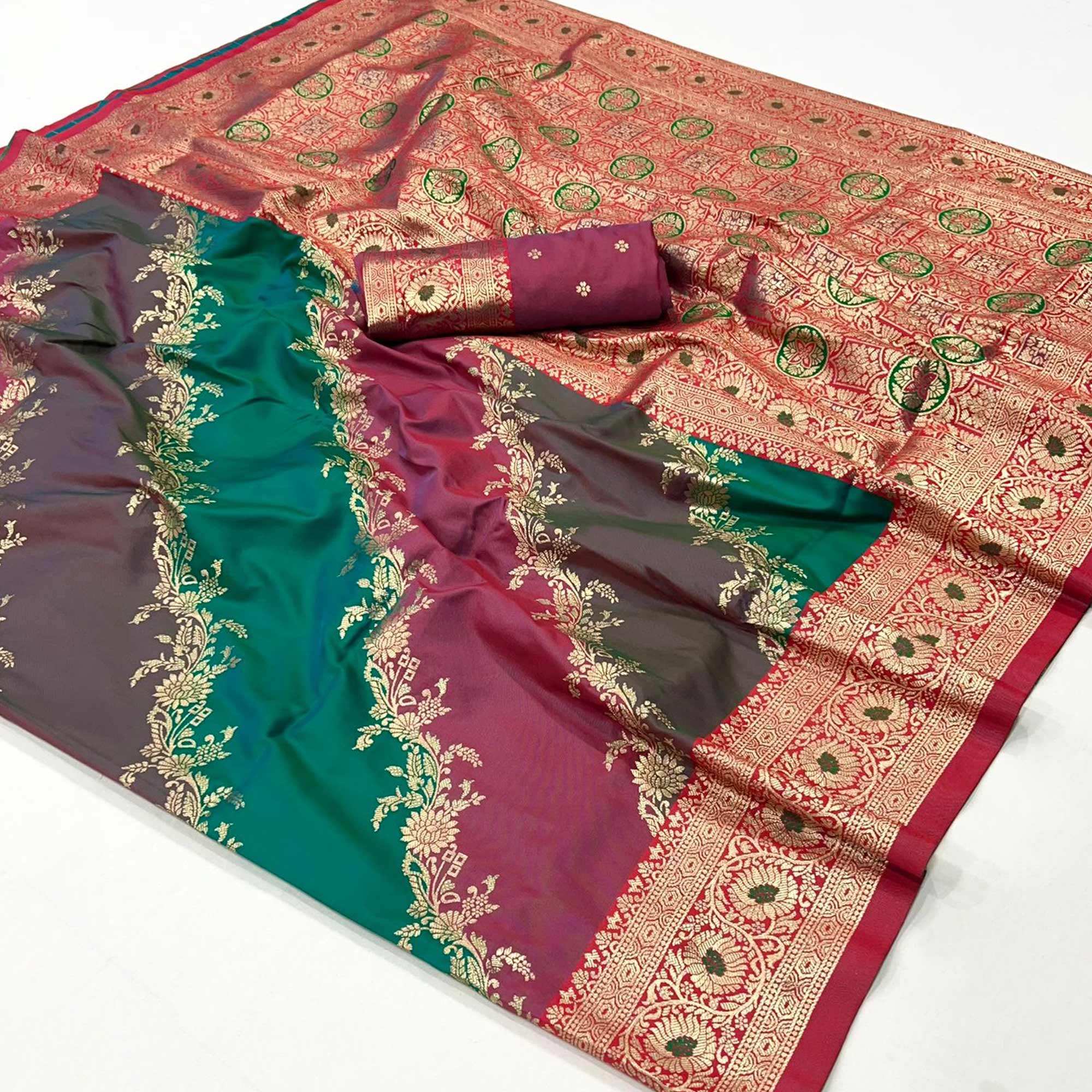 Wine Floral Woven Art Silk Saree With Tassels