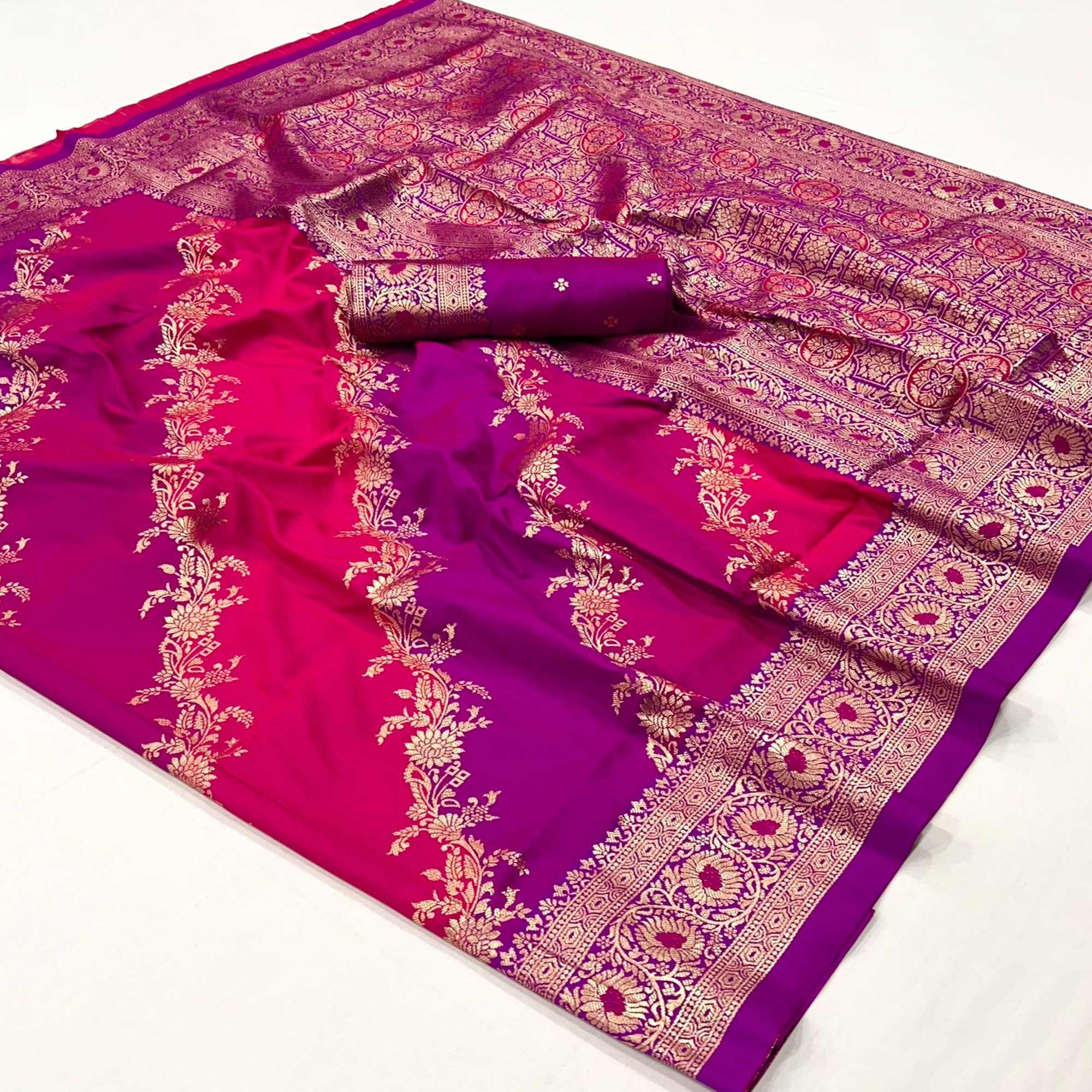 Magenta Floral Woven Art Silk Saree With Tassels