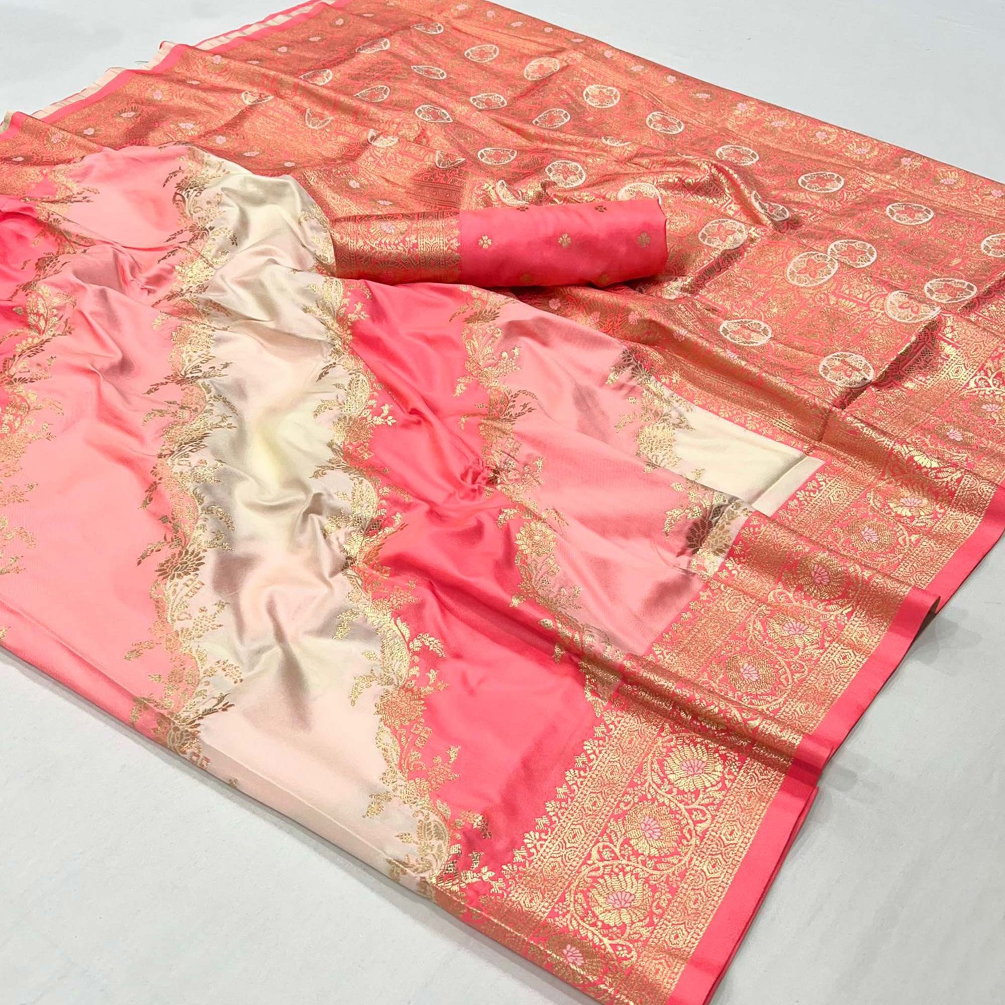 Peach Floral Woven Art Silk Saree With Tassels