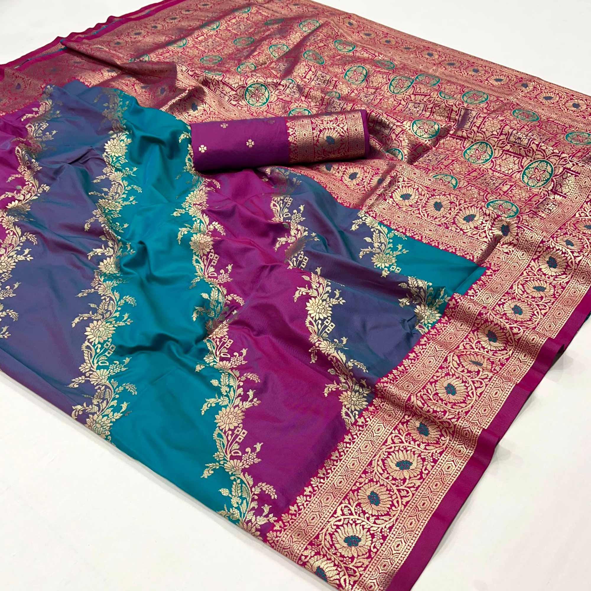 Purple Floral Woven Art Silk Saree With Tassels