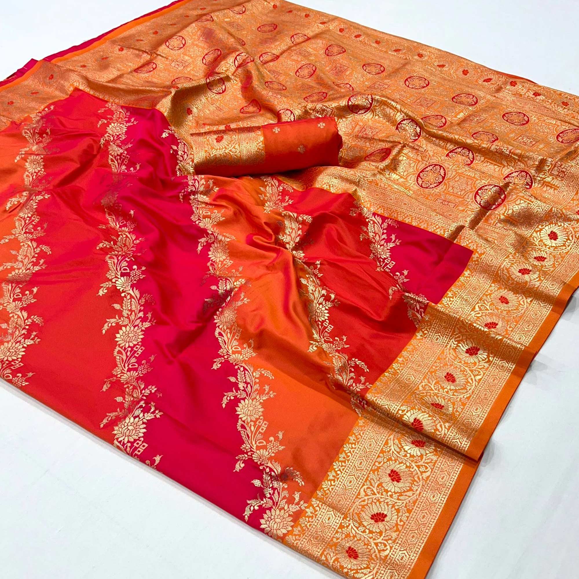 Orange Floral Woven Art Silk Saree With Tassels