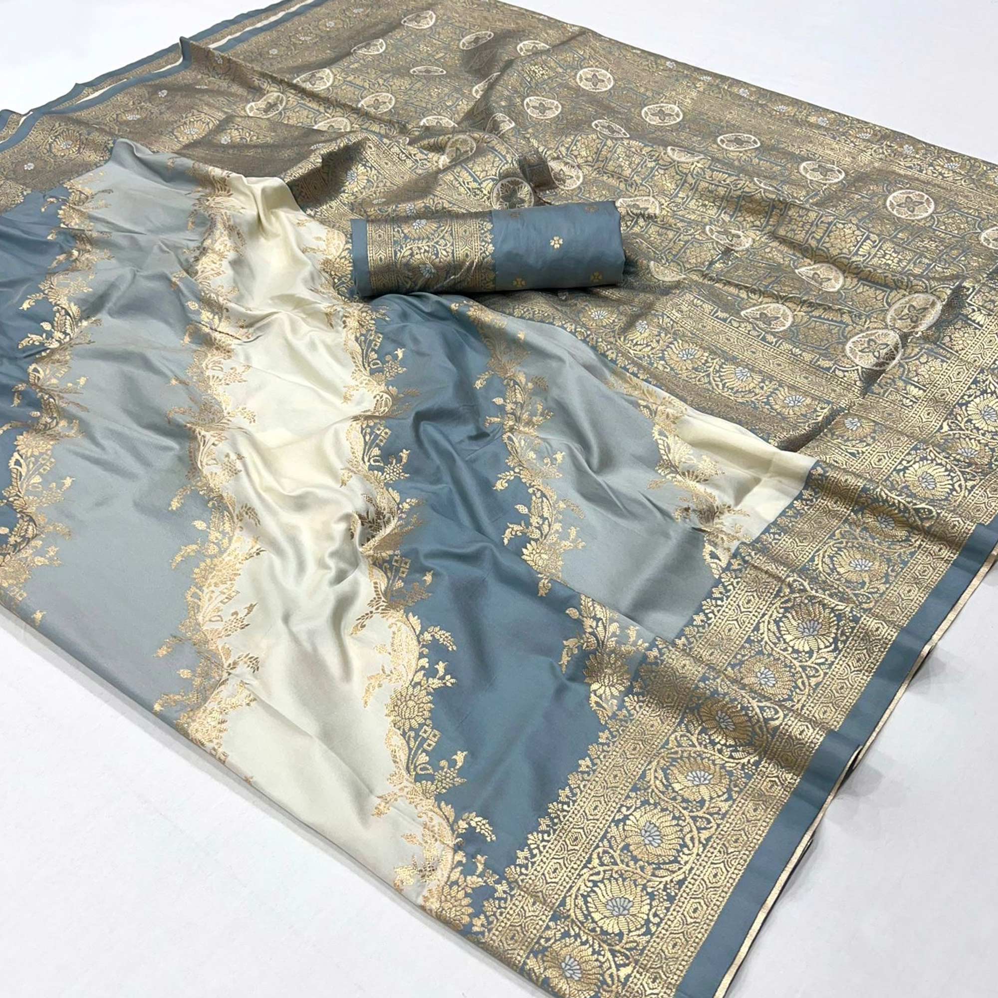 Grey Floral Woven Art Silk Saree With Tassels