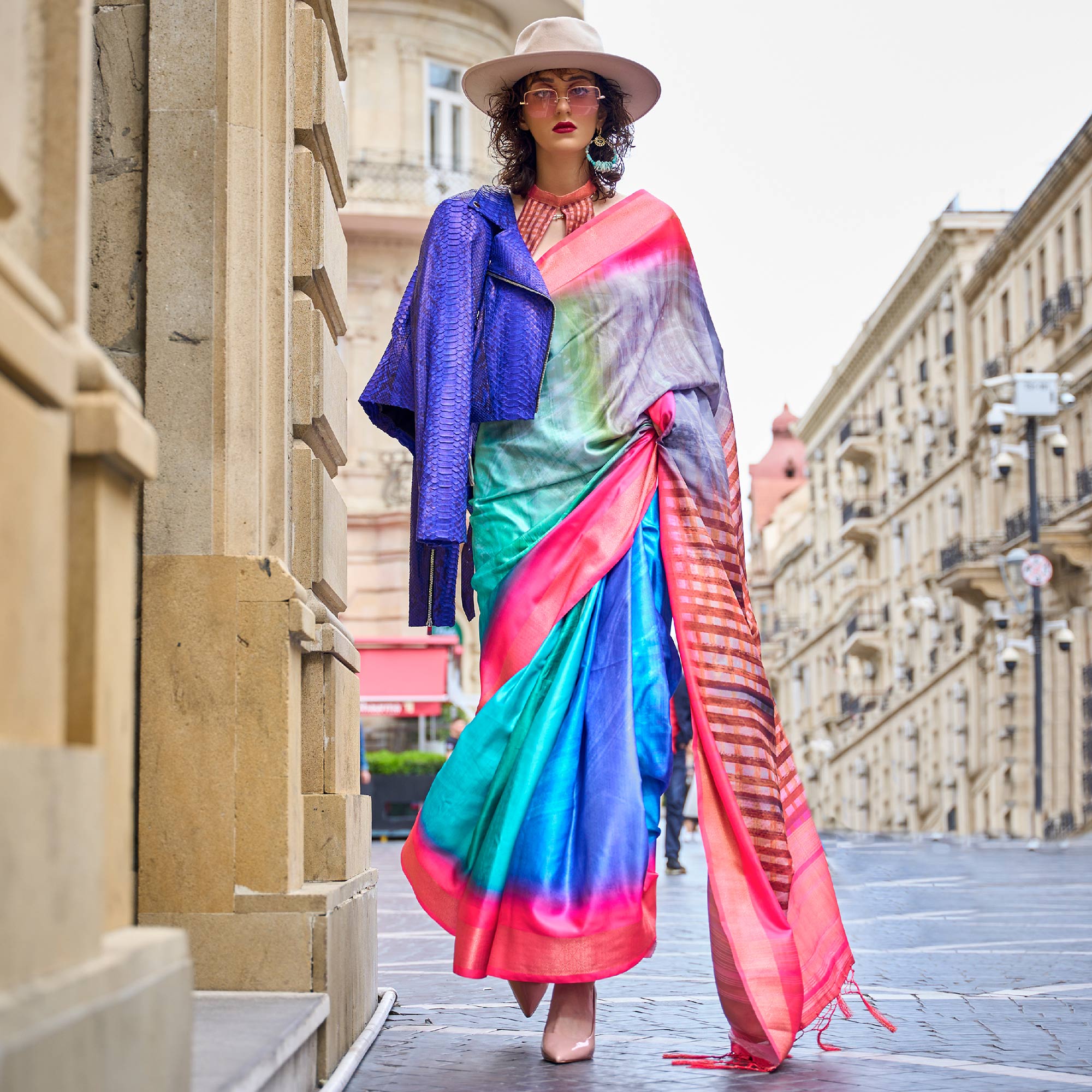 Turquoise & Pink Digital Printed Satin Saree With Tassels