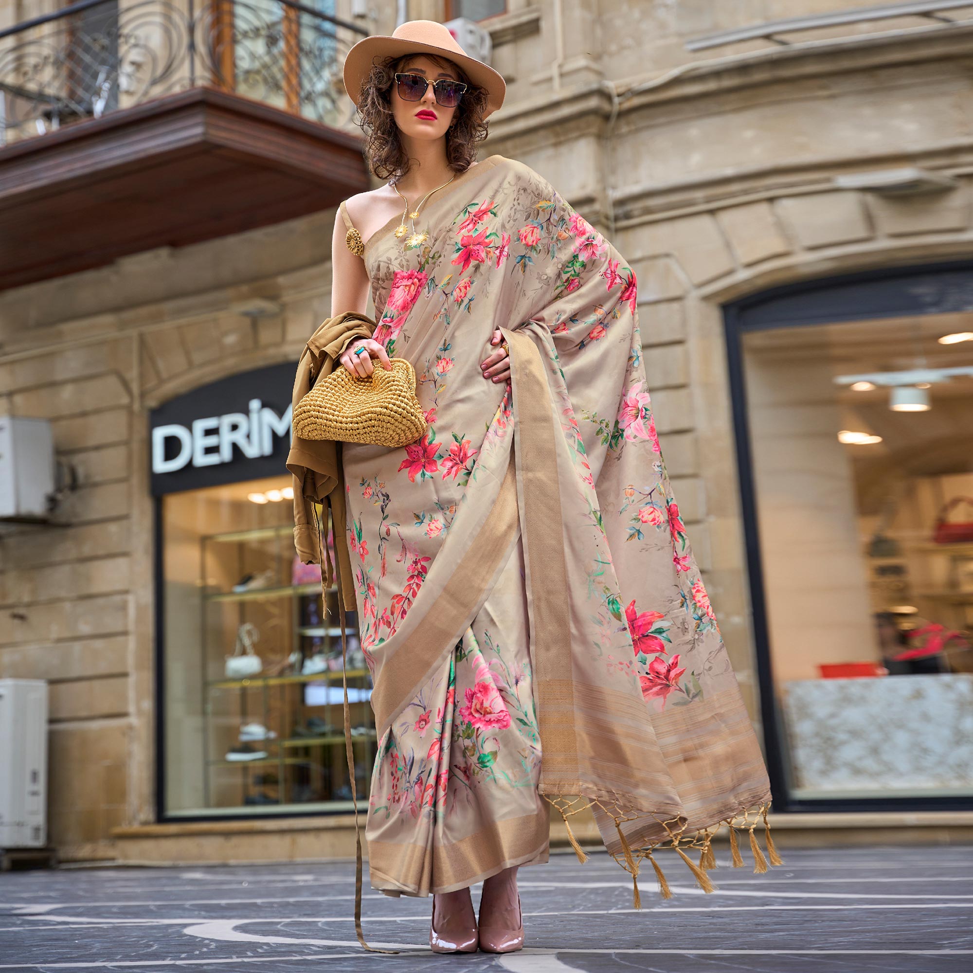 Beige Digital Printed Satin Saree With Tassels
