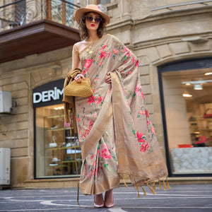 Beige Digital Printed Satin Saree With Tassels