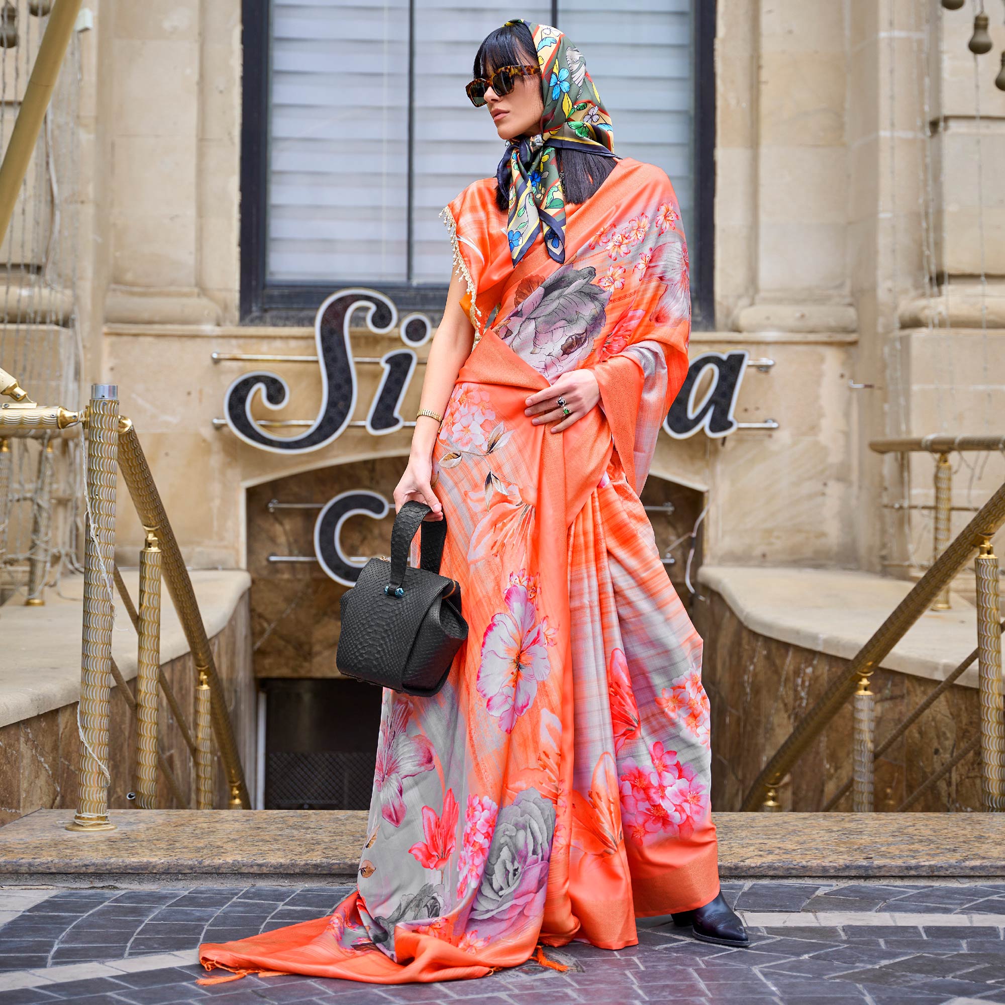 Orange Digital Printed Satin Saree With Tassels