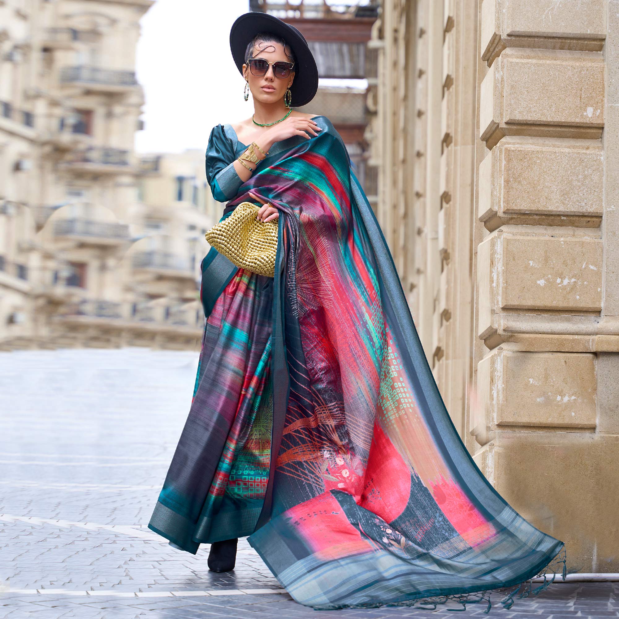 Teal Blue Digital Printed Satin Saree With Tassels
