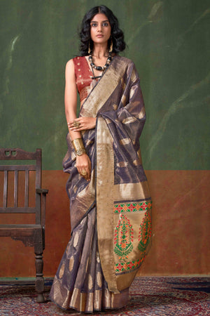 Lavender Floral Zari Woven Tissue Paithani Style Saree