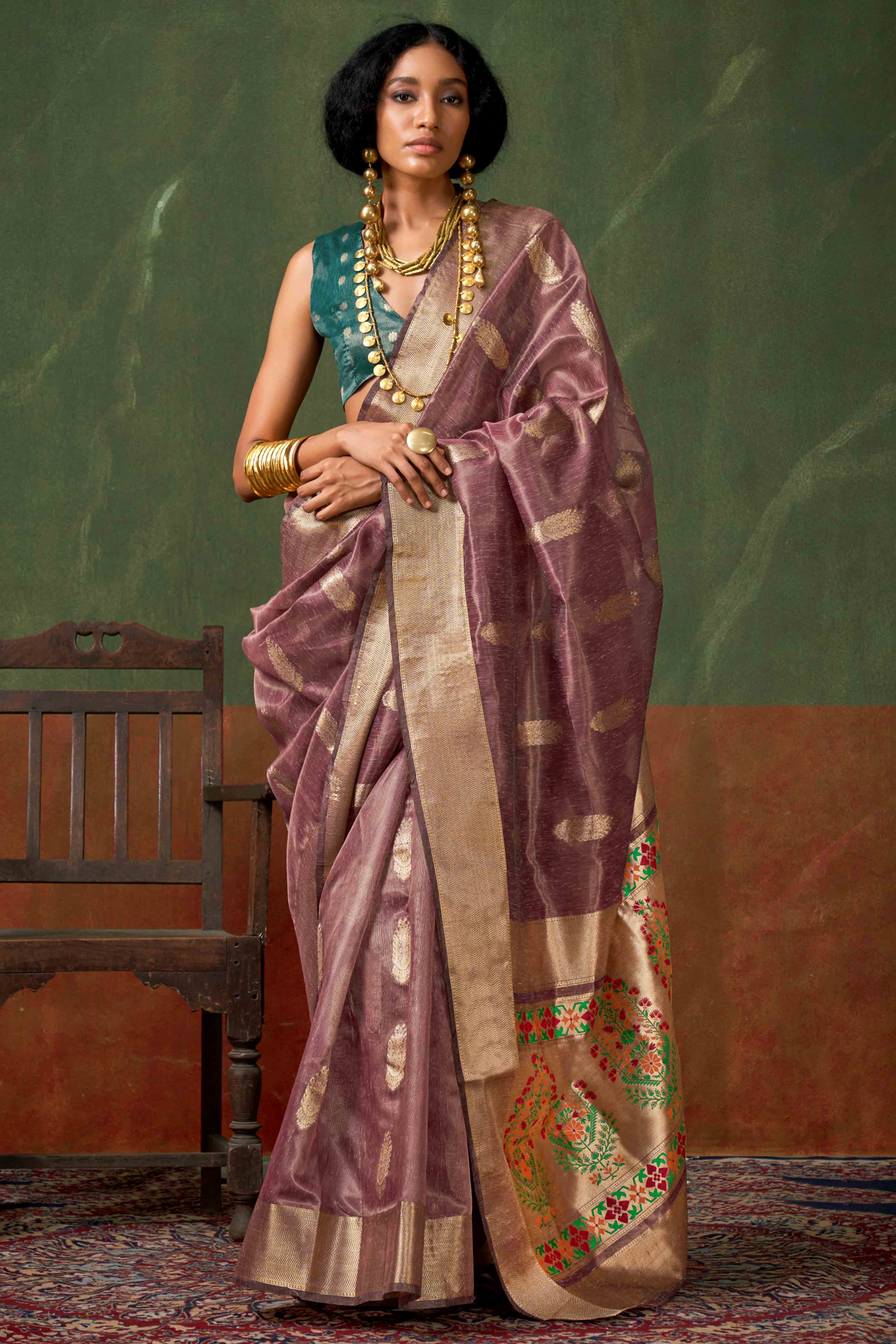 Mauve Floral Zari Woven Tissue Paithani Style Saree