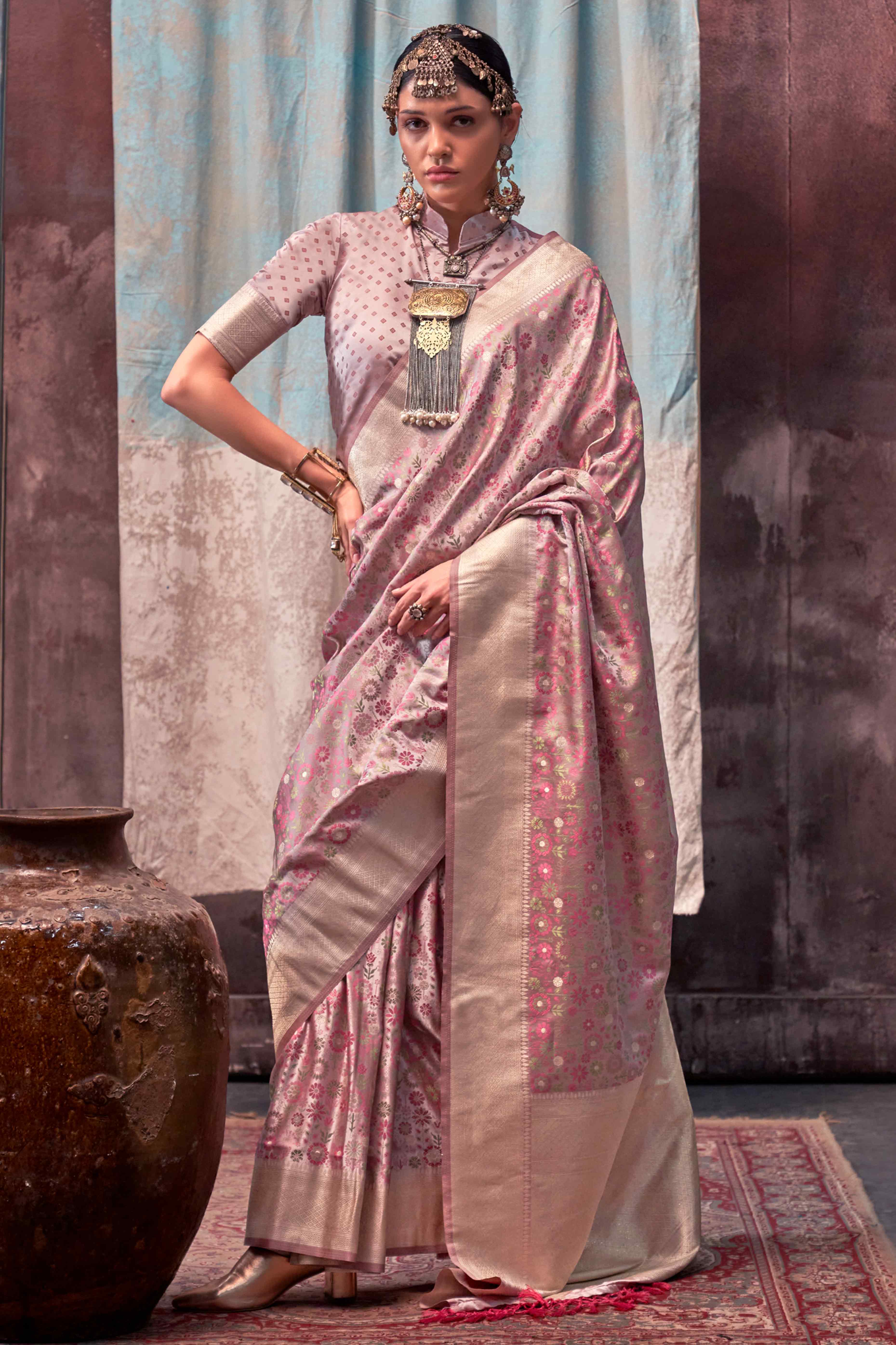 Rosy Brown Handloom Woven Pure Satin Saree
