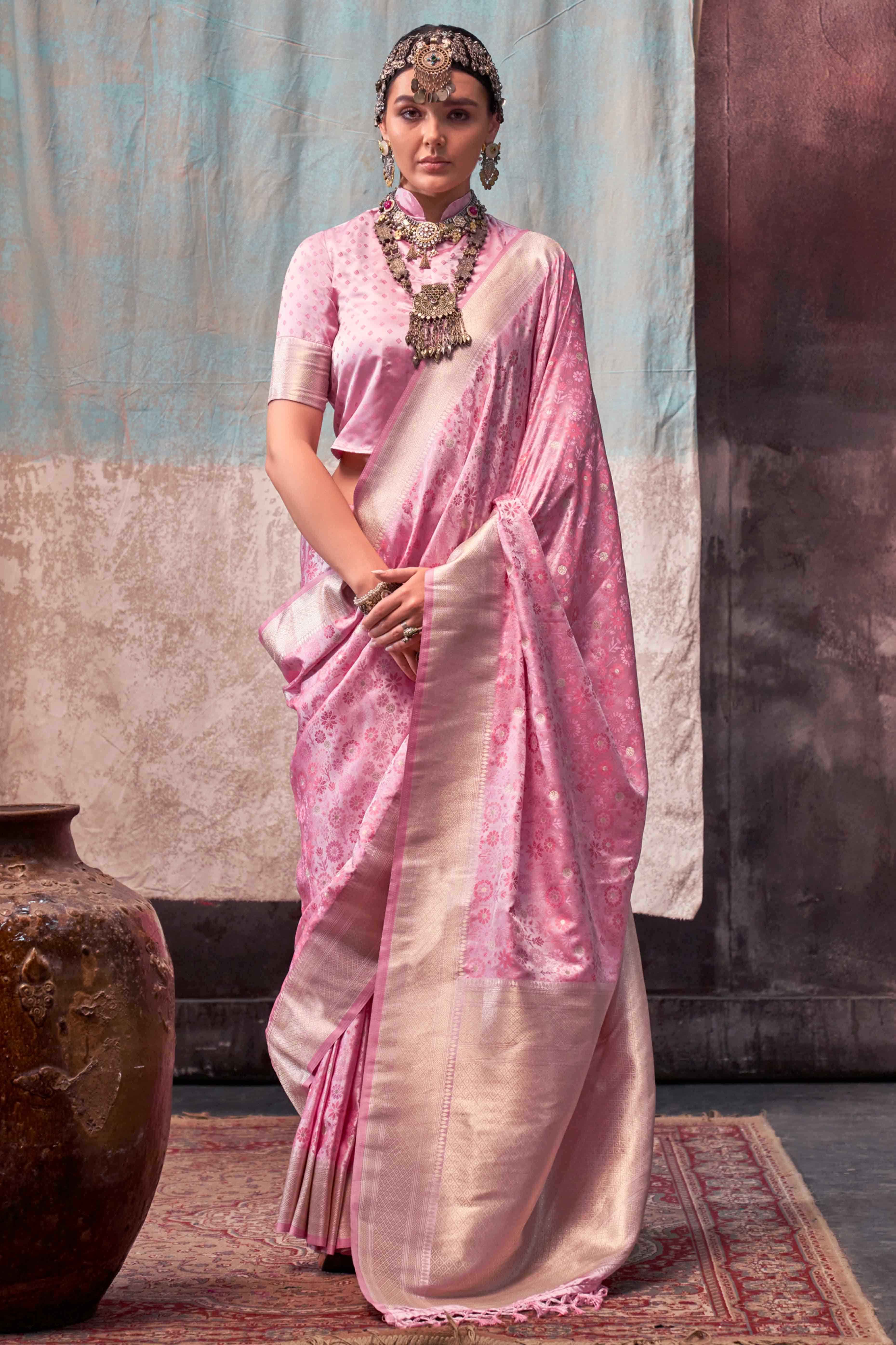 Pink Handloom Woven Pure Satin Saree