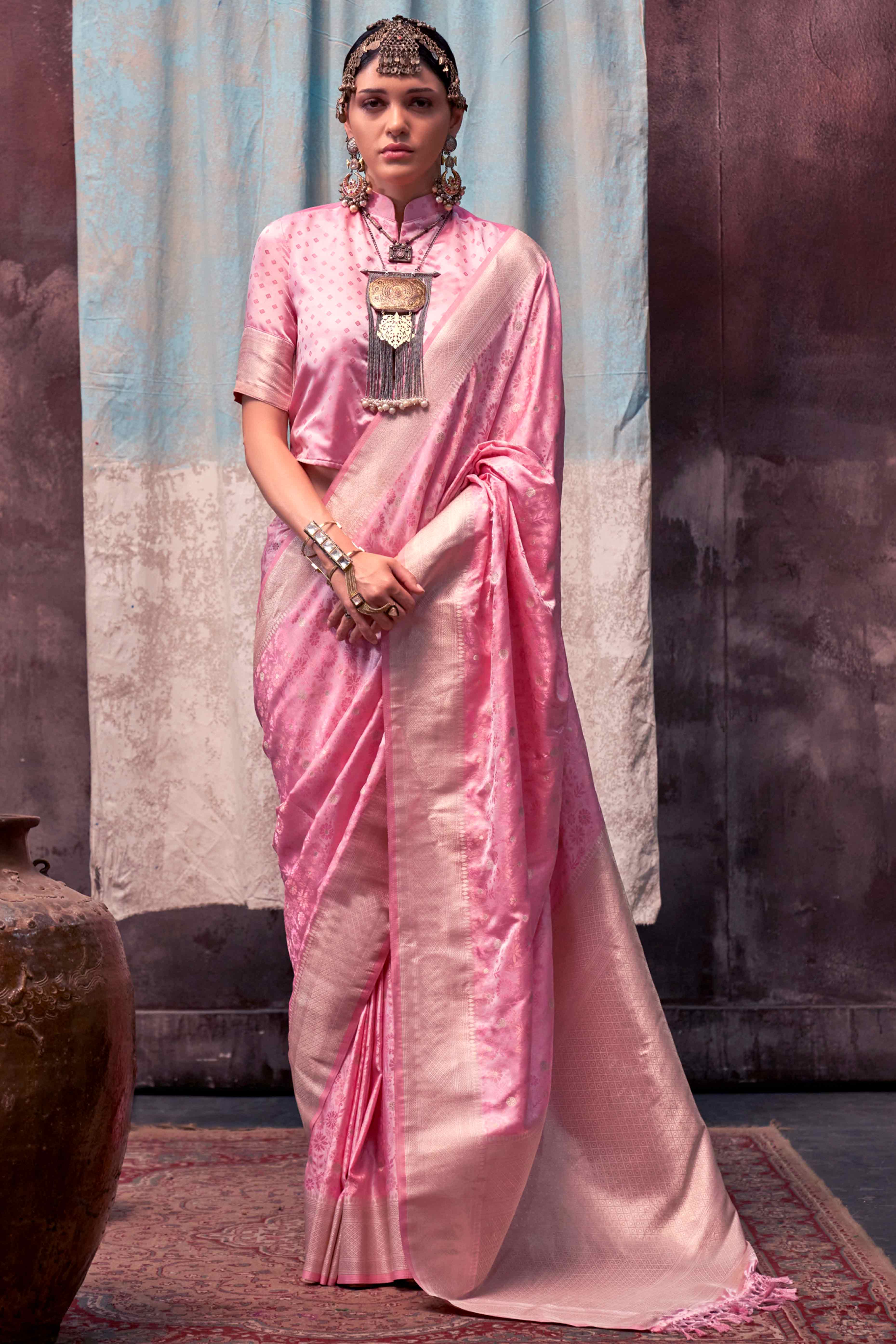 Baby Pink Handloom Woven Pure Satin Saree