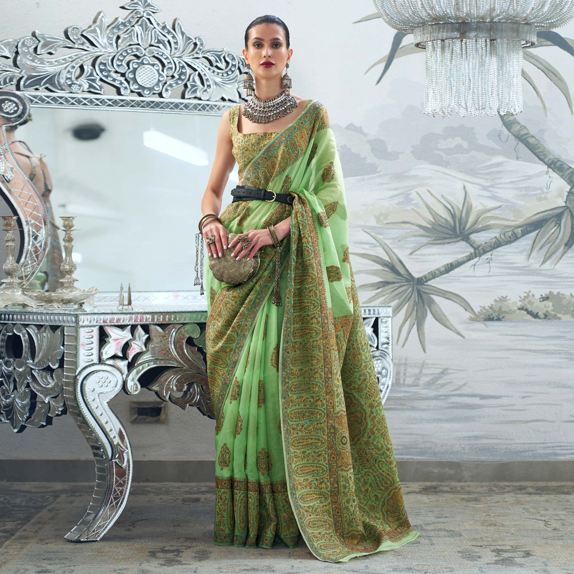 Pista Green Woven Chanderi Silk Saree