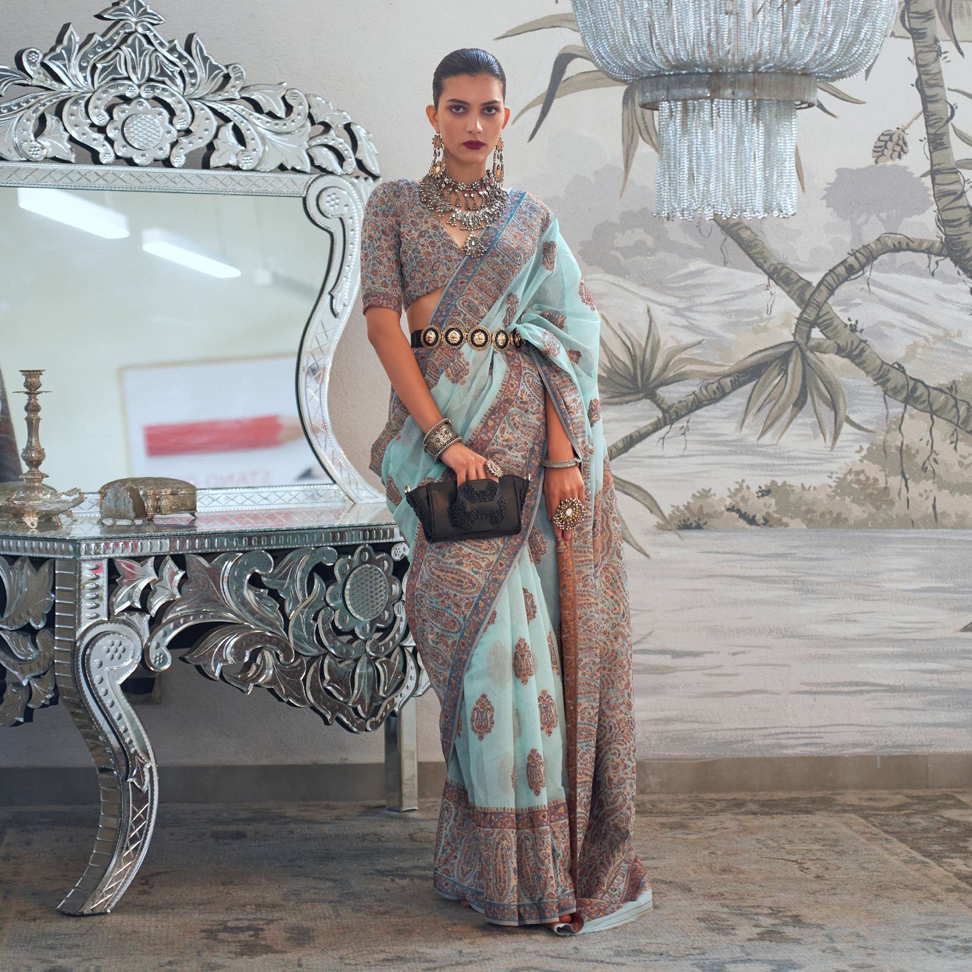 Turquoise Woven Chanderi Silk Saree