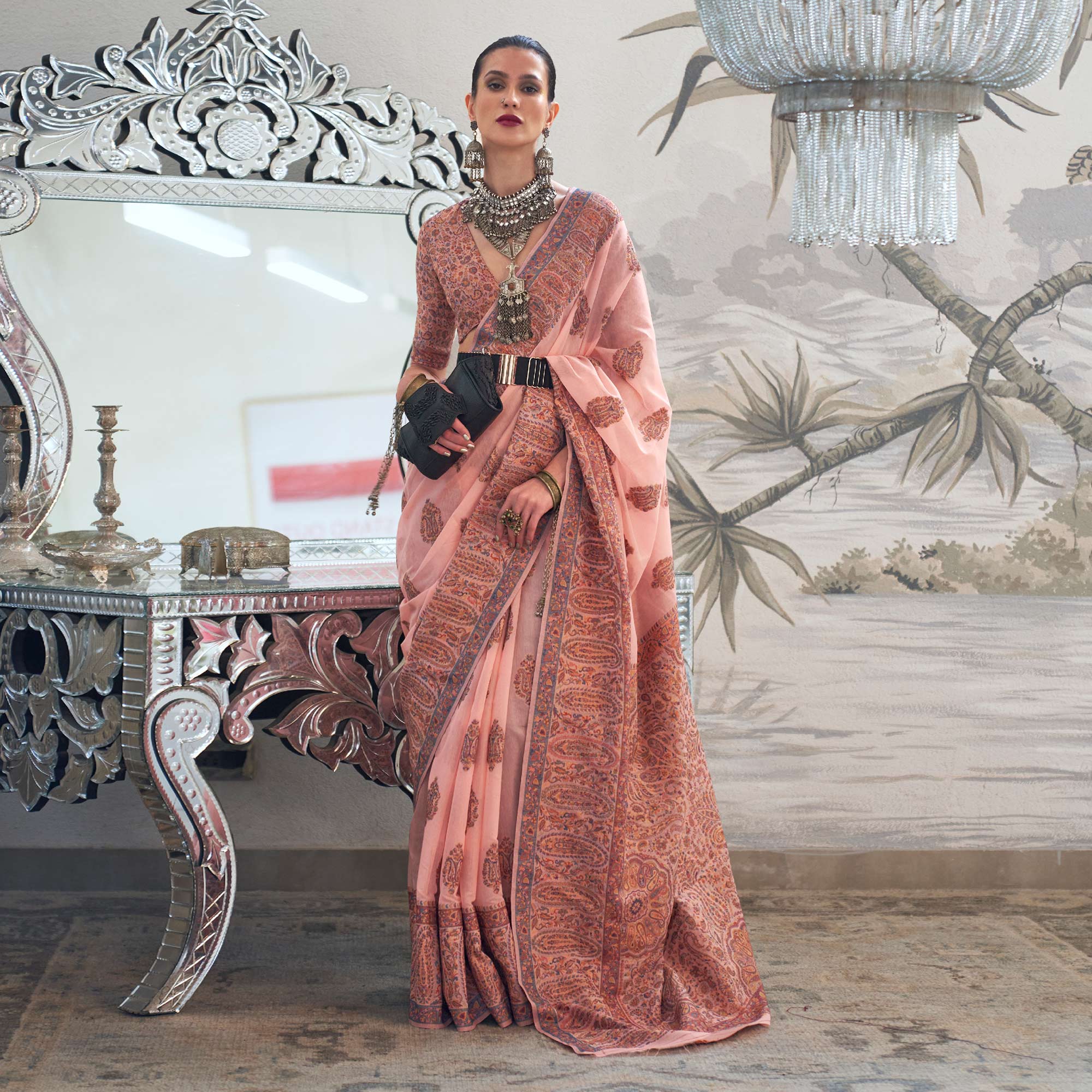 Peach Woven Chanderi Silk Saree