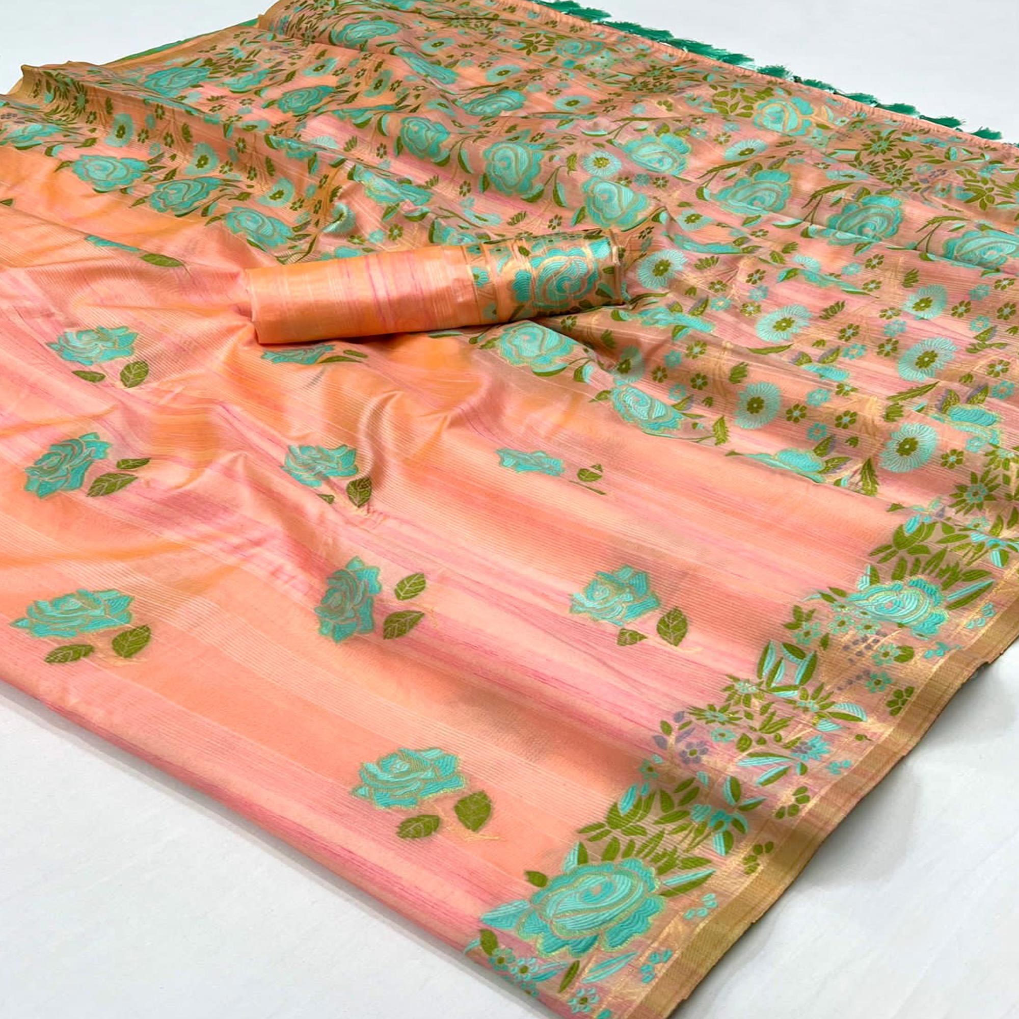 Peach Floral Woven Pure Silk Saree With Tassels