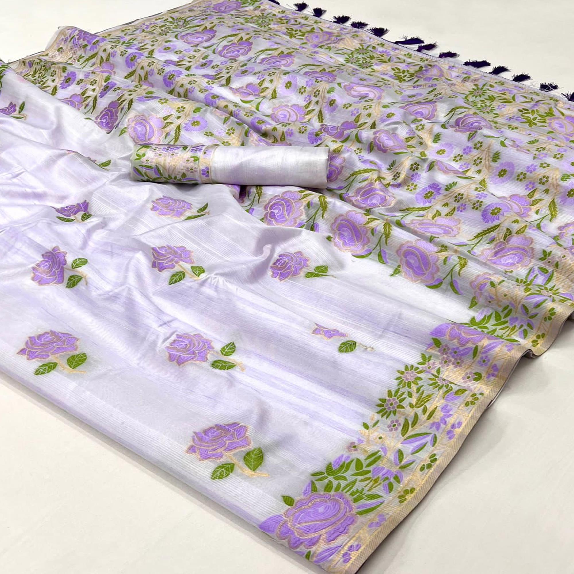 Lavender Floral Woven Pure Silk Saree With Tassels