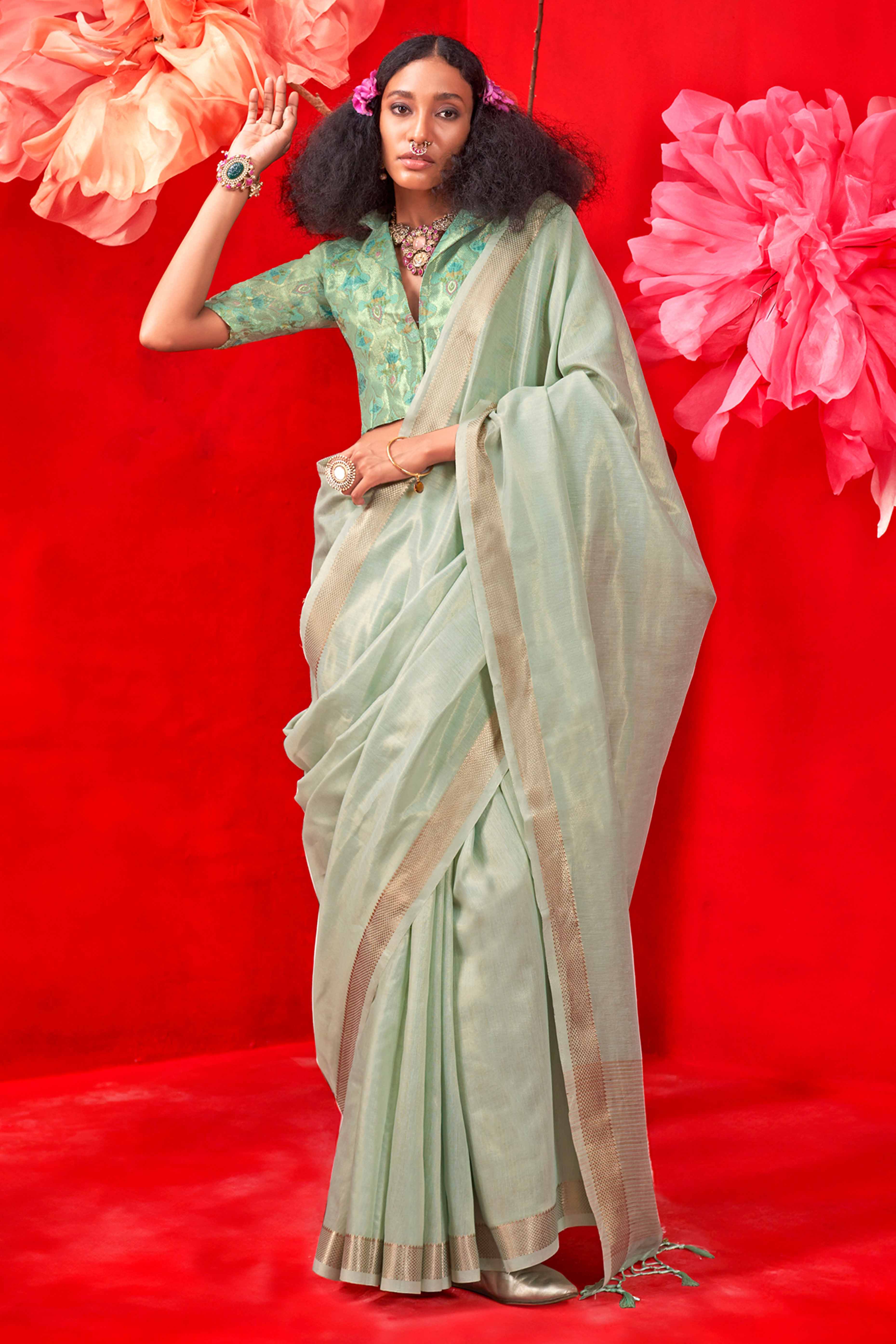 Delicate Sea Green Saree with Classic Zari Weaving on Tissue Fabric