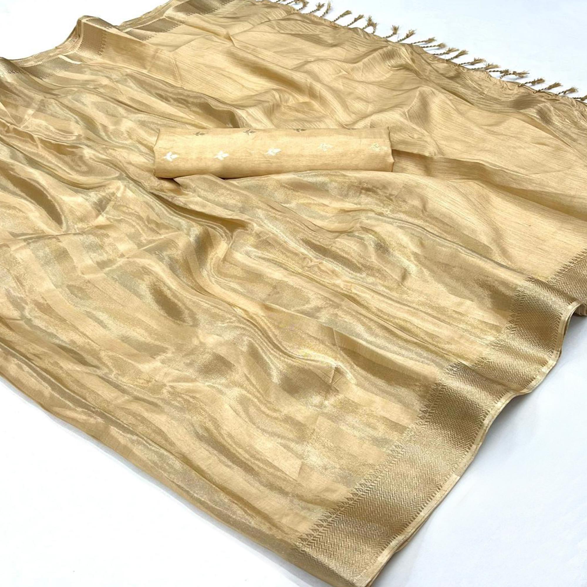 Cream Woven Viscose Saree With Tassels