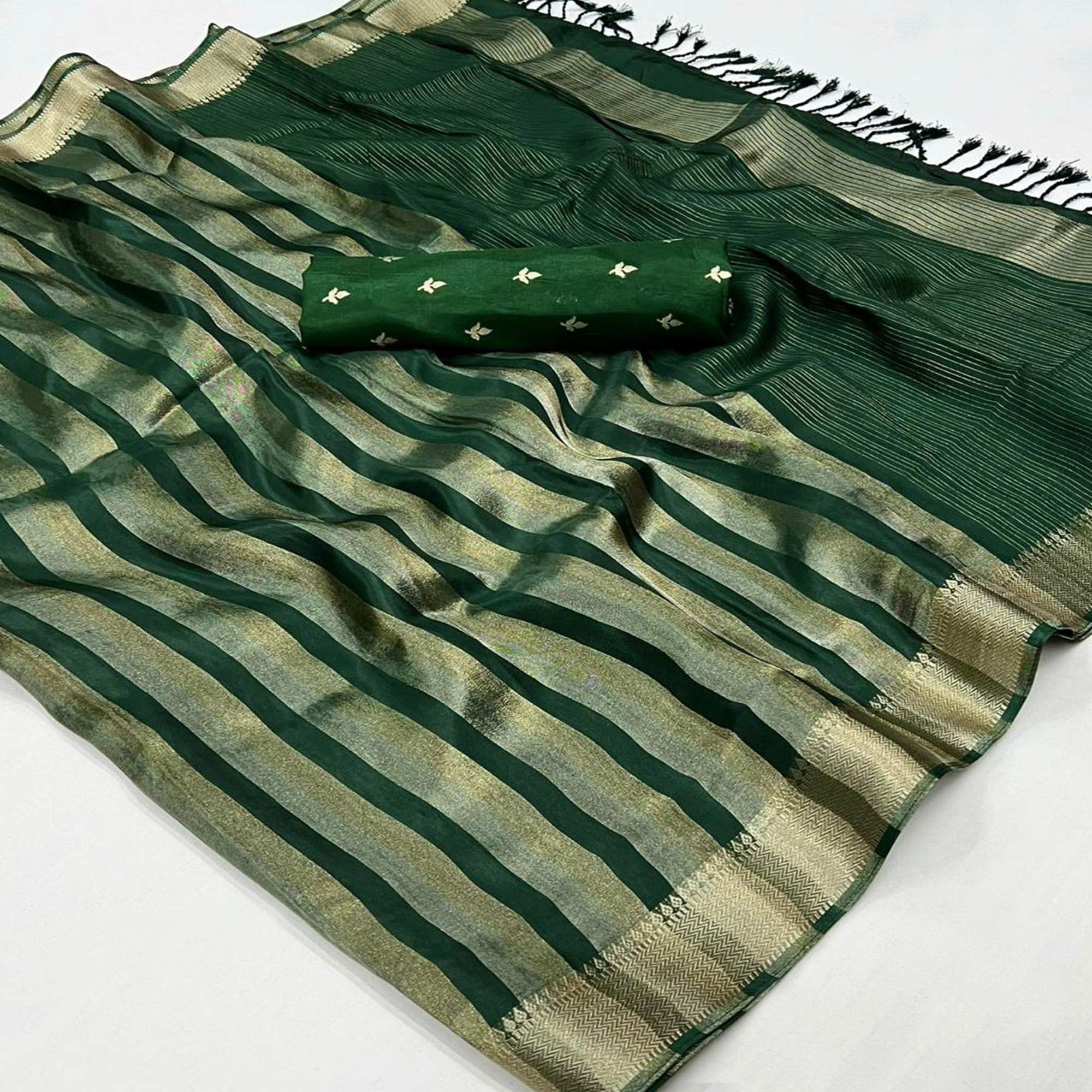 Green Woven Viscose Saree With Tassels
