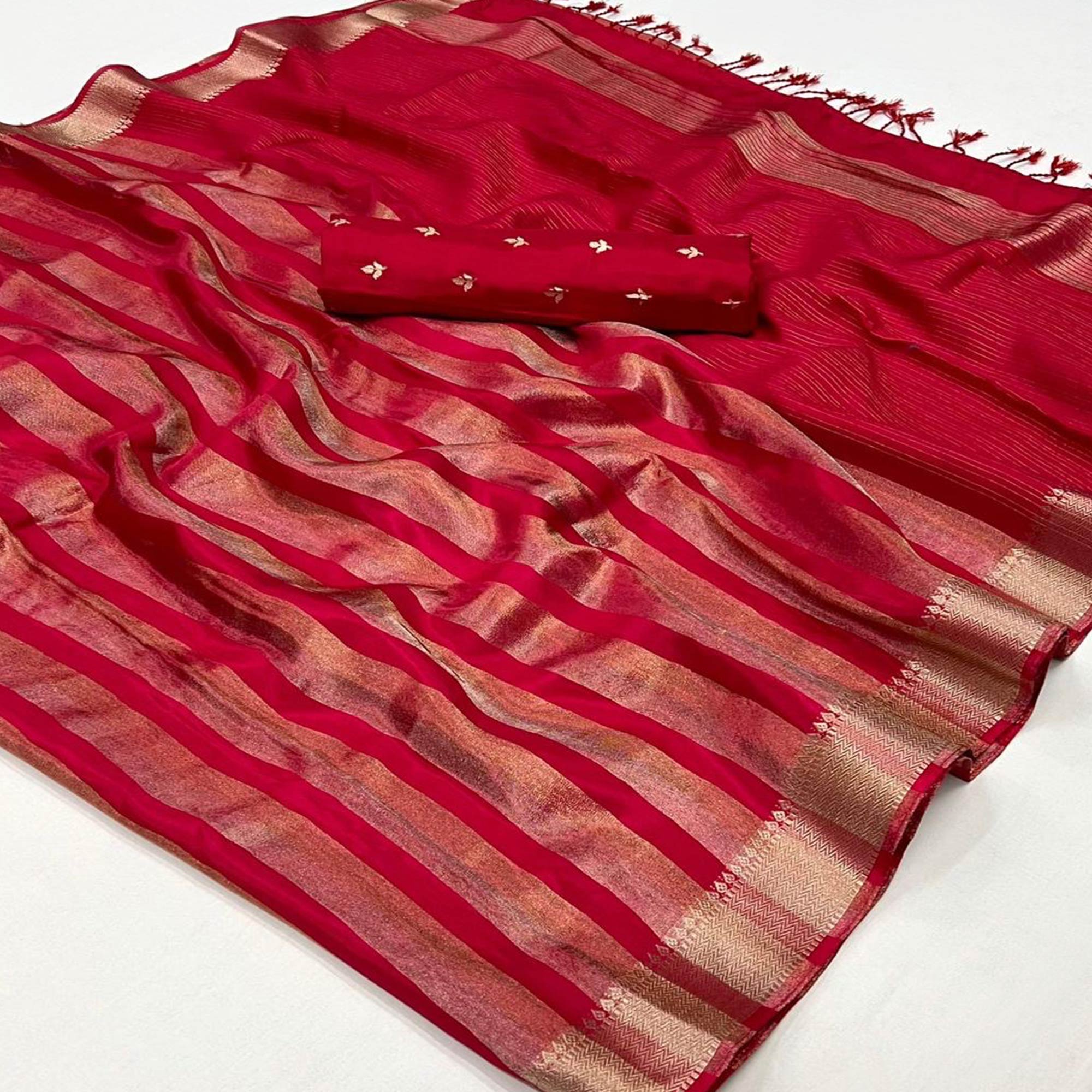 Pink Woven Viscose Saree With Tassels