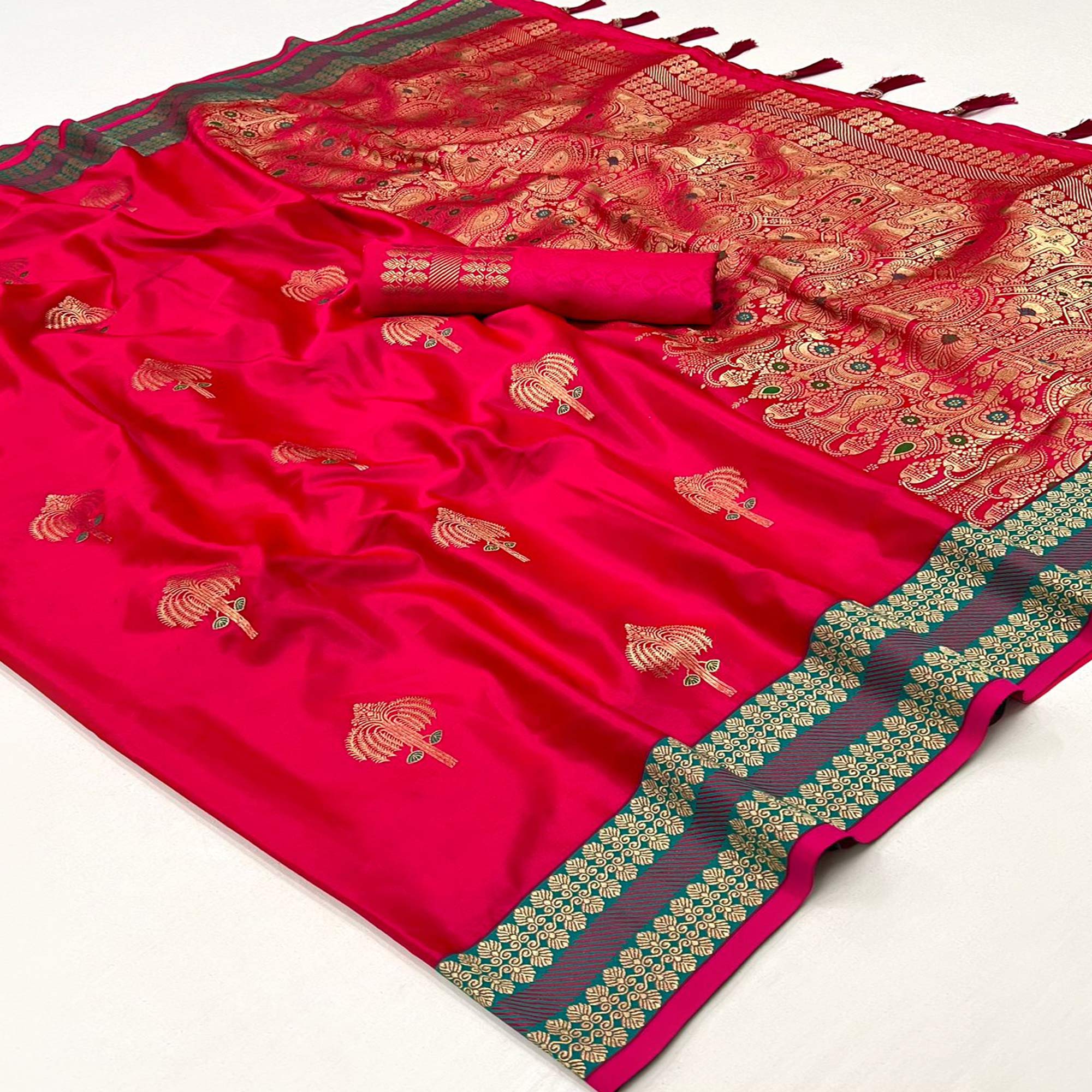 Pink Woven Satin Saree With Tassels