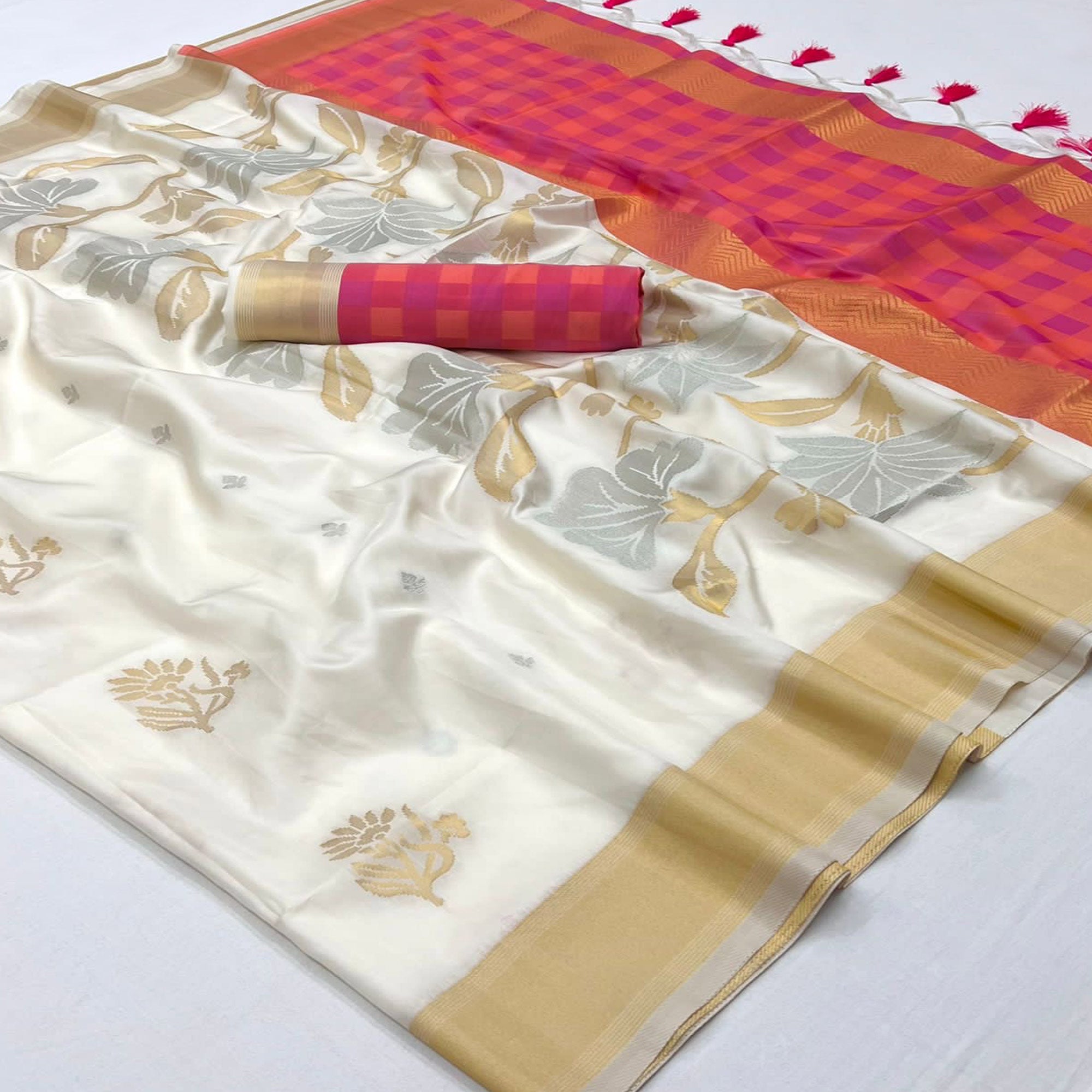 White Floral Woven Art Silk Saree With Tassels