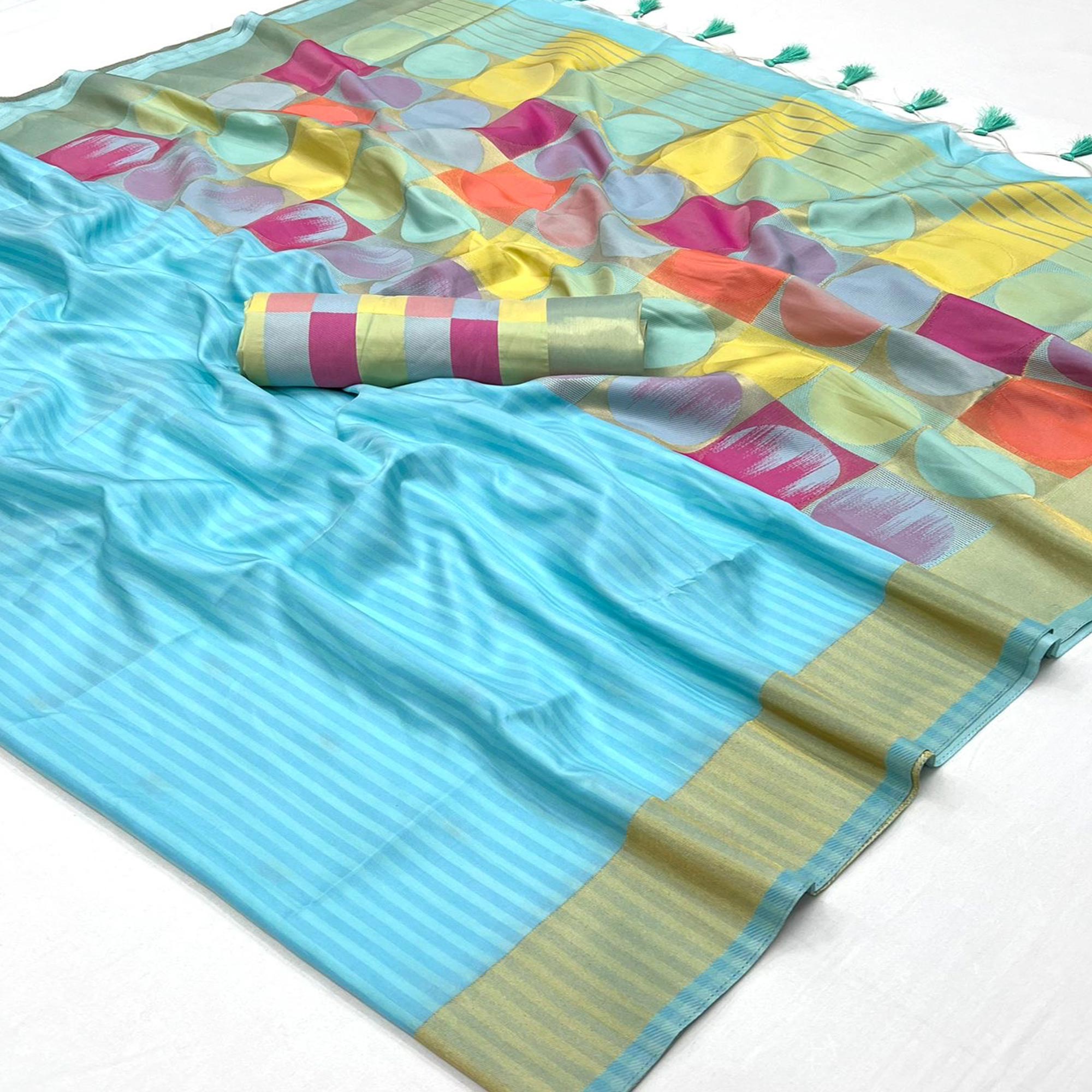 Blue Floral Woven Art Silk Saree With Tassels