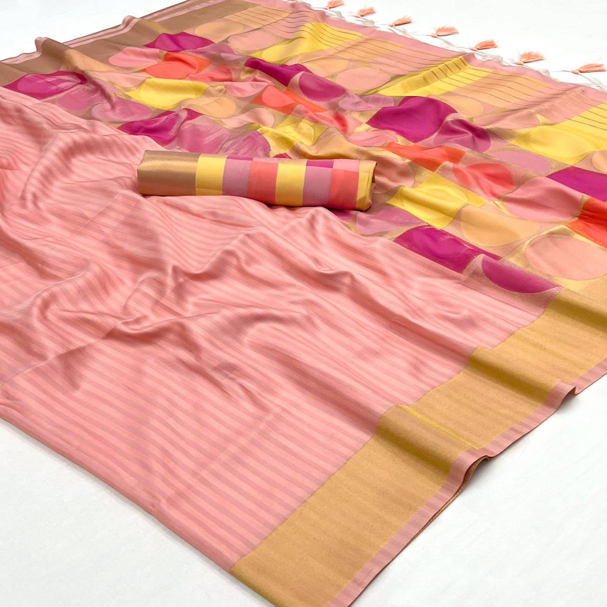 Peach Floral Woven Art Silk Saree With Tassels