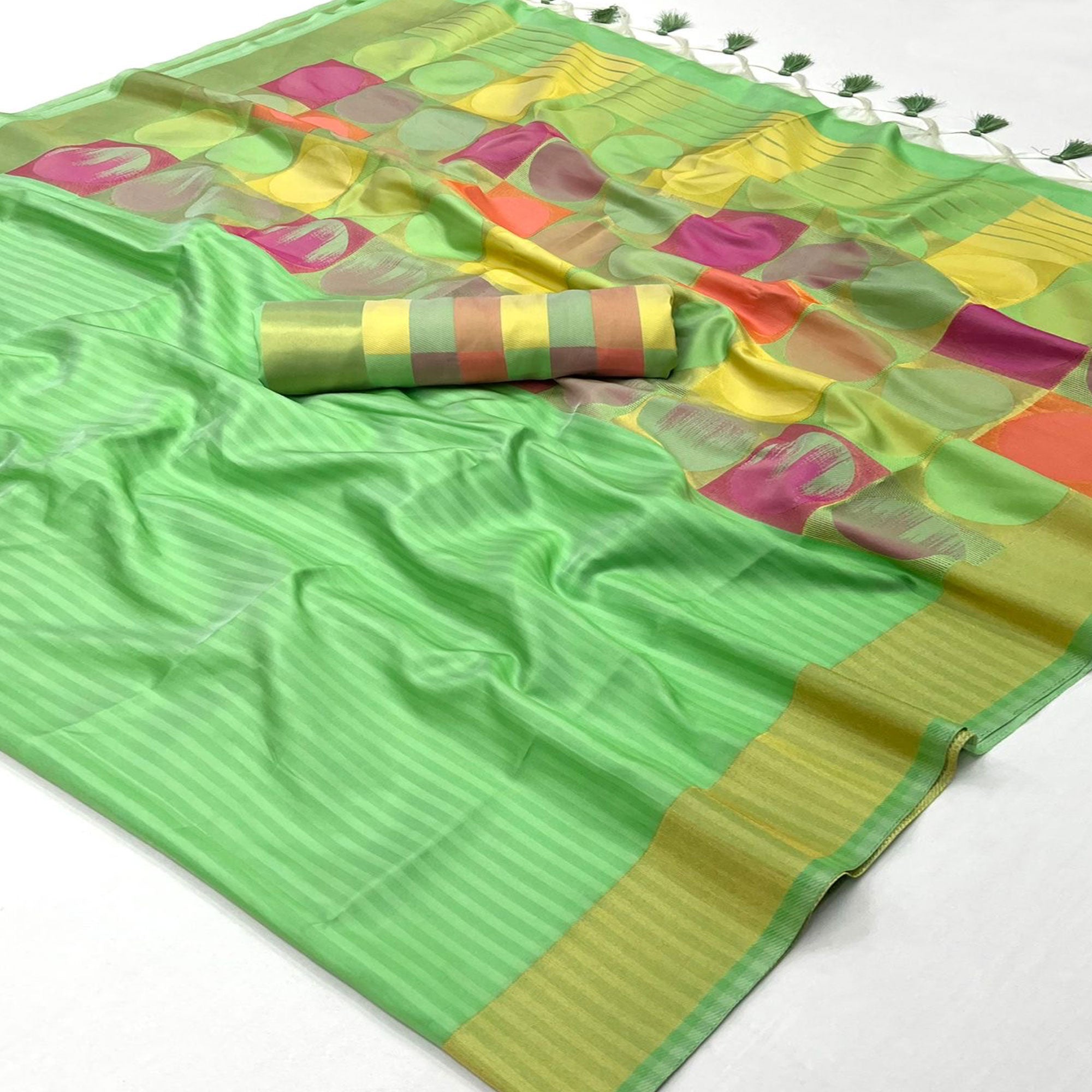 Green Floral Woven Art Silk Saree With Tassels