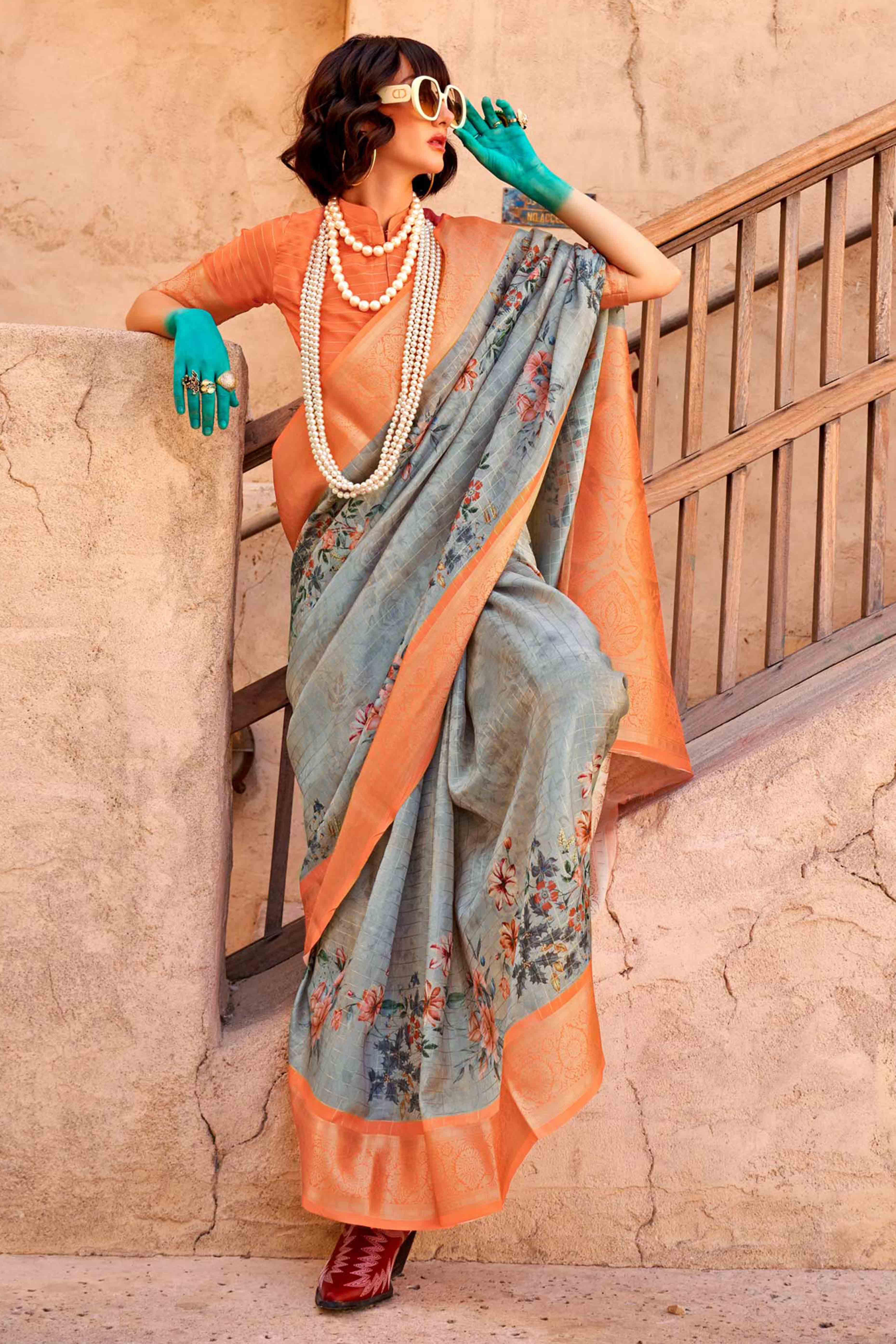 Grey & Orange Woven Floral Printed Georgette Saree