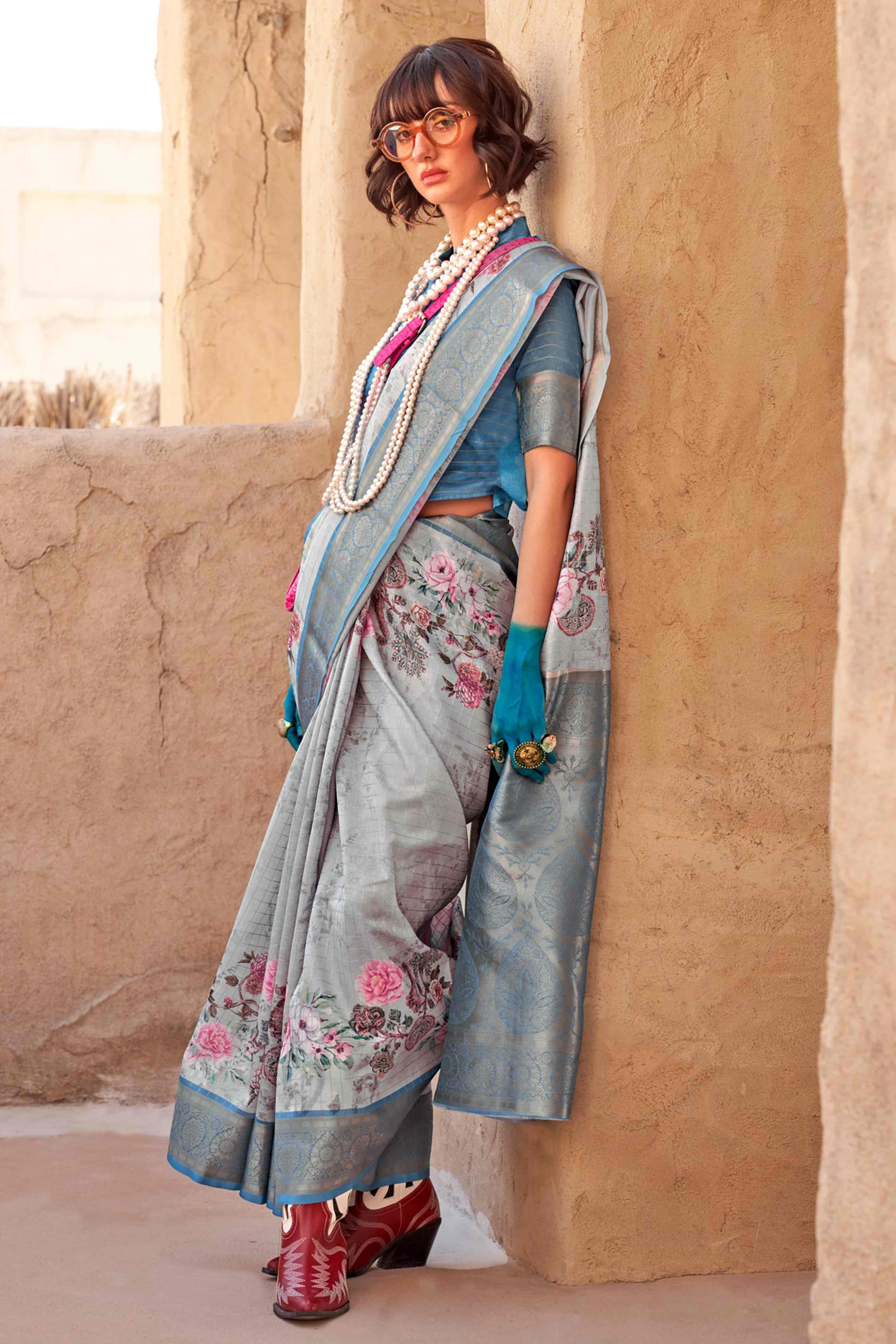 Grey & Blue Woven Floral Printed Georgette Saree