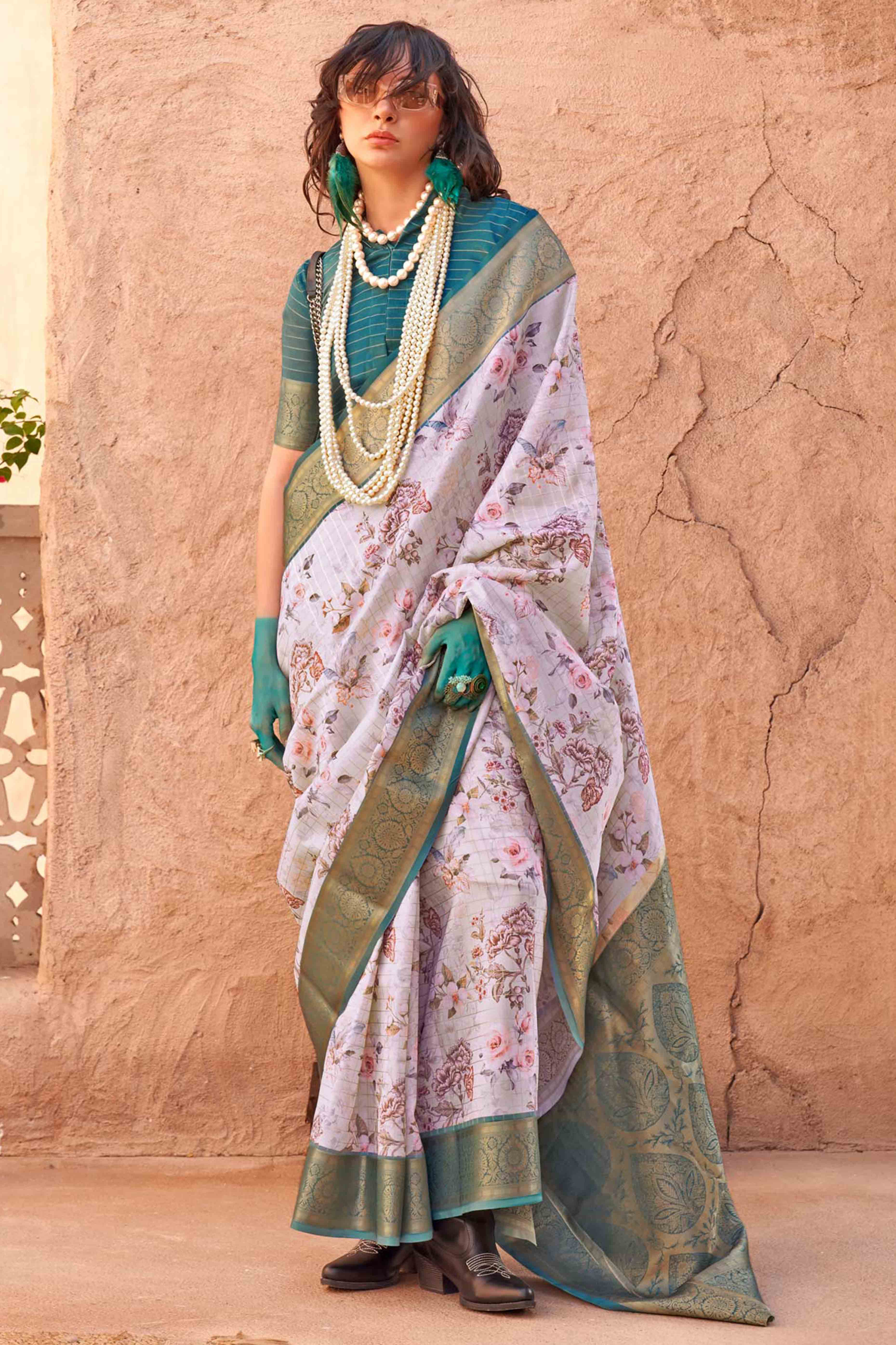 Light Mauve Woven Floral Printed Georgette Saree