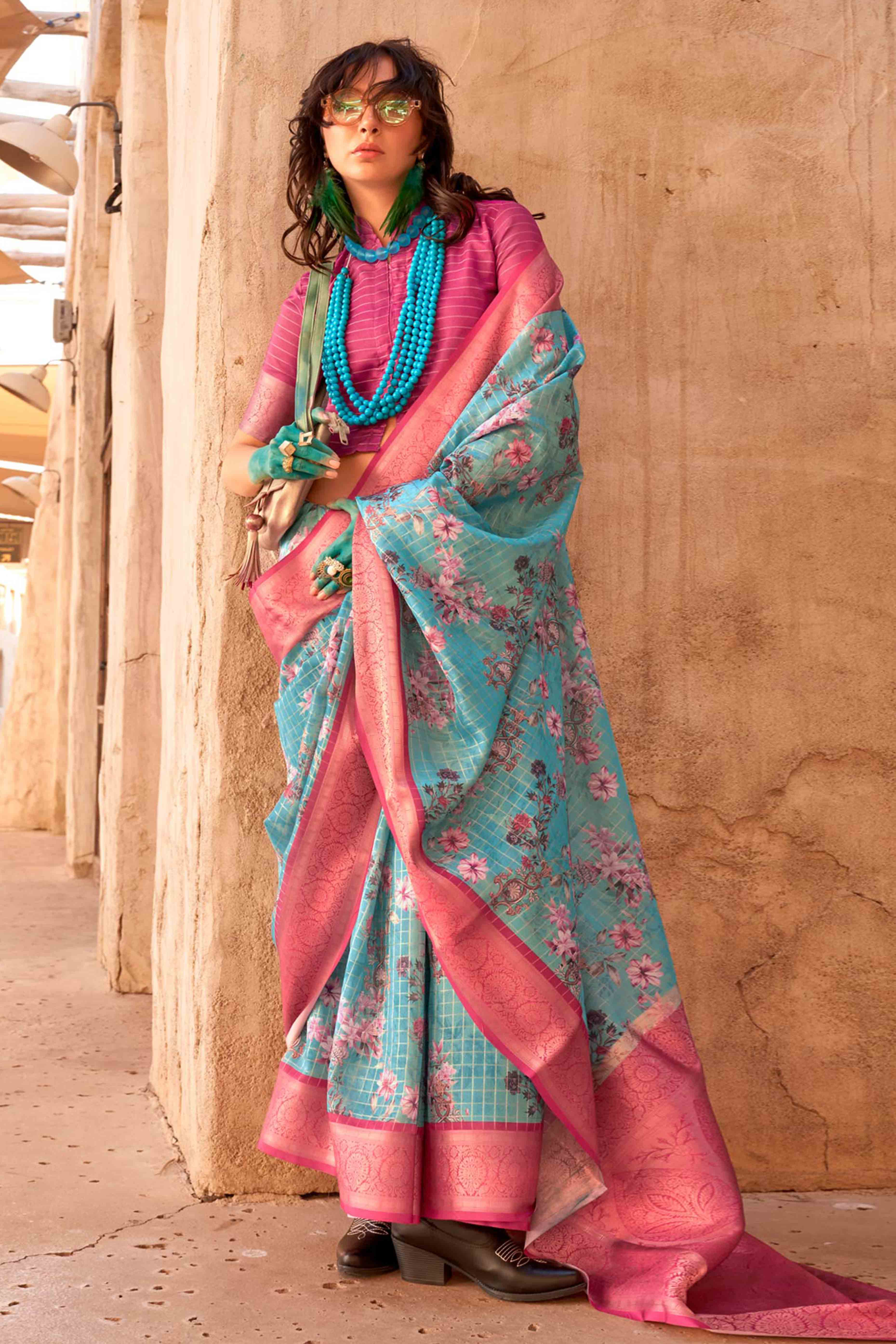 Turquoise Woven Floral Printed Georgette Saree