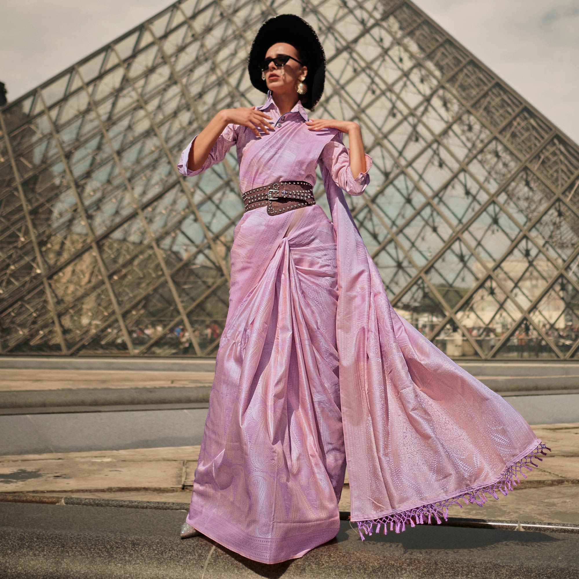 Purple Woven Satin Saree With Tassels