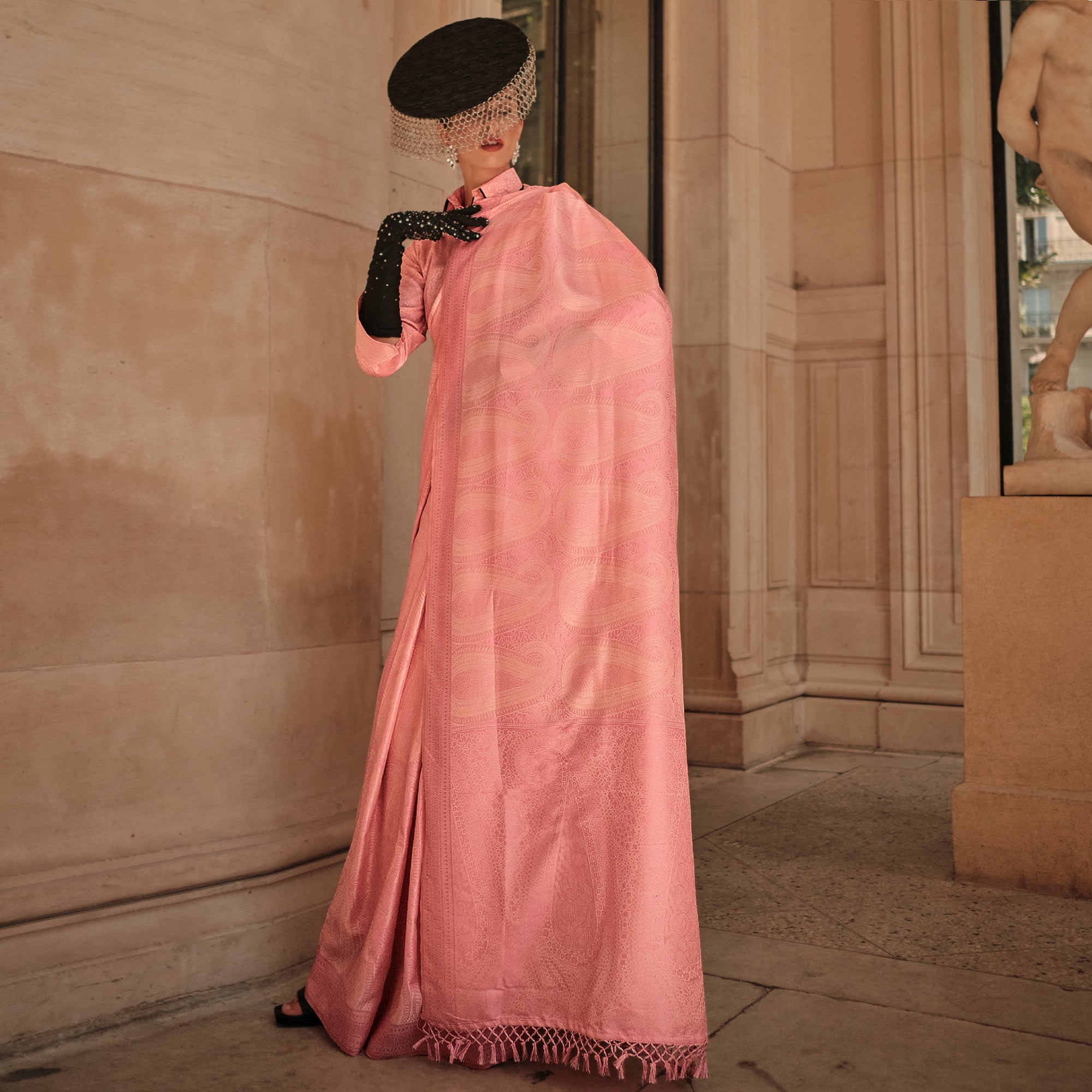 Peach Woven Satin Saree With Tassels