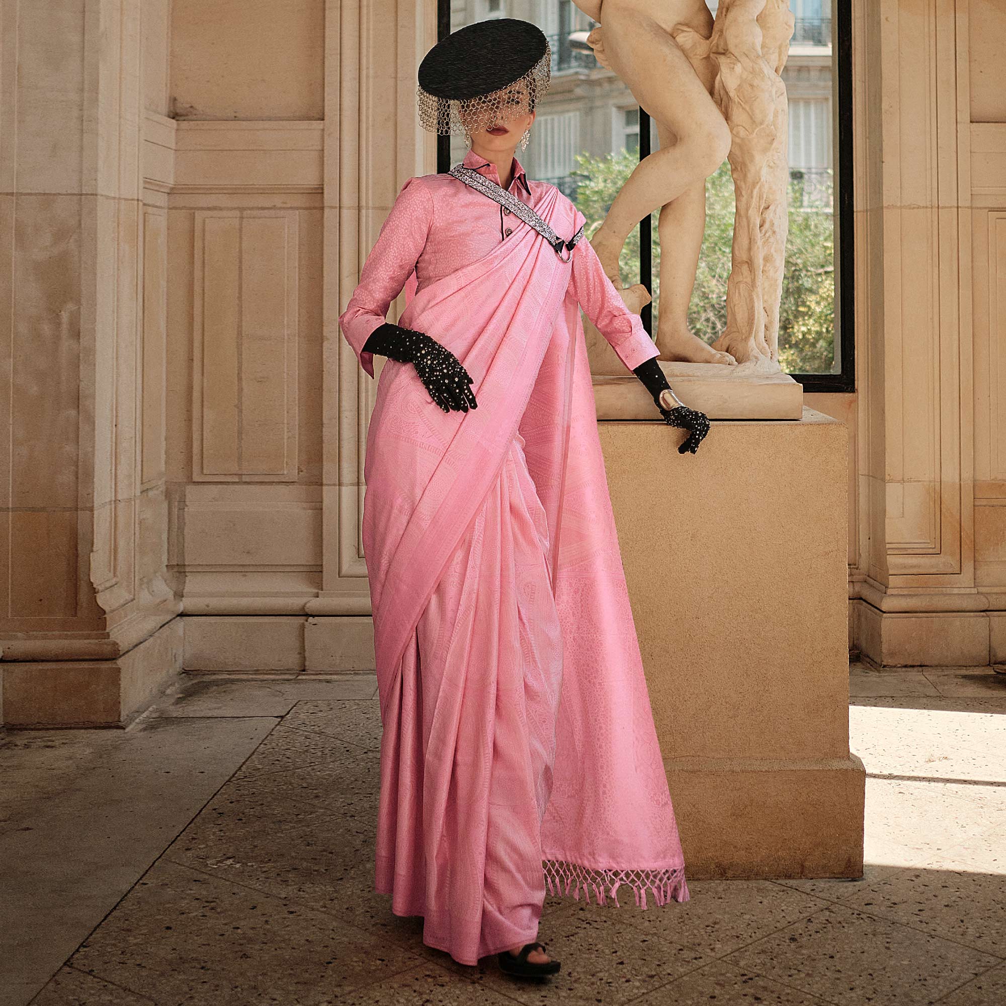 Pink Woven Satin Saree With Tassels