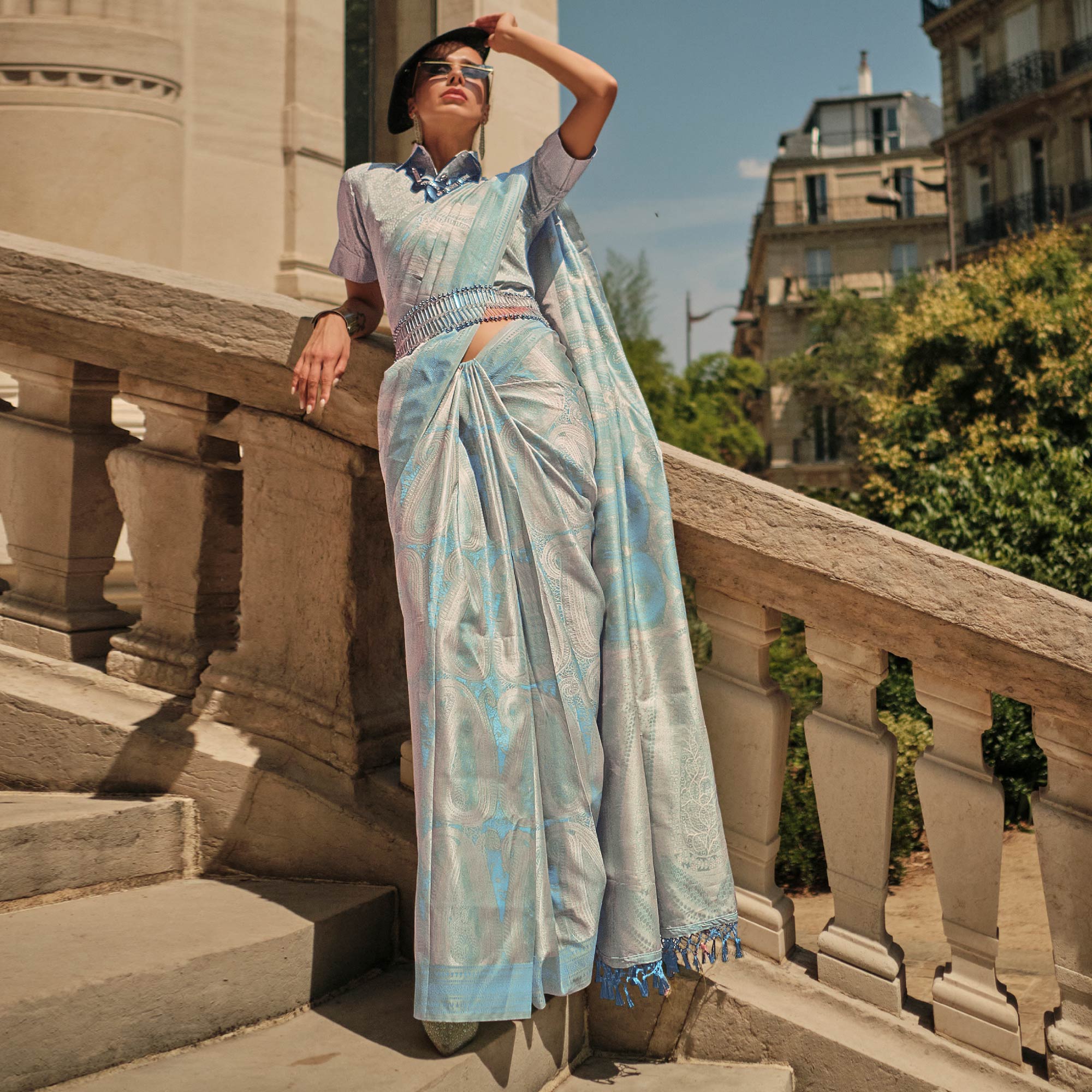 Blue Woven Satin Saree With Tassels