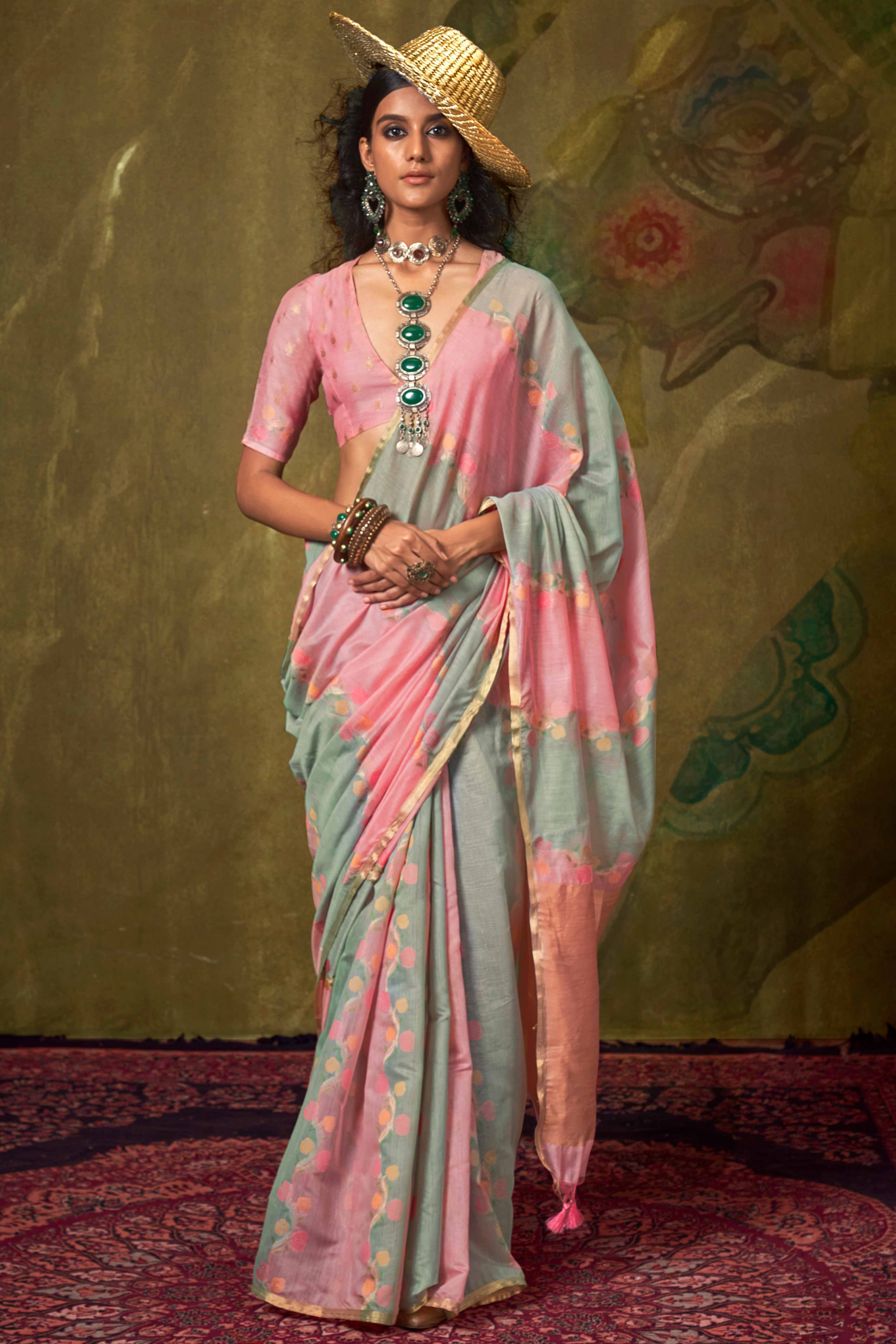 Peach & Grey Floral Handwoven Cotton Blend Saree