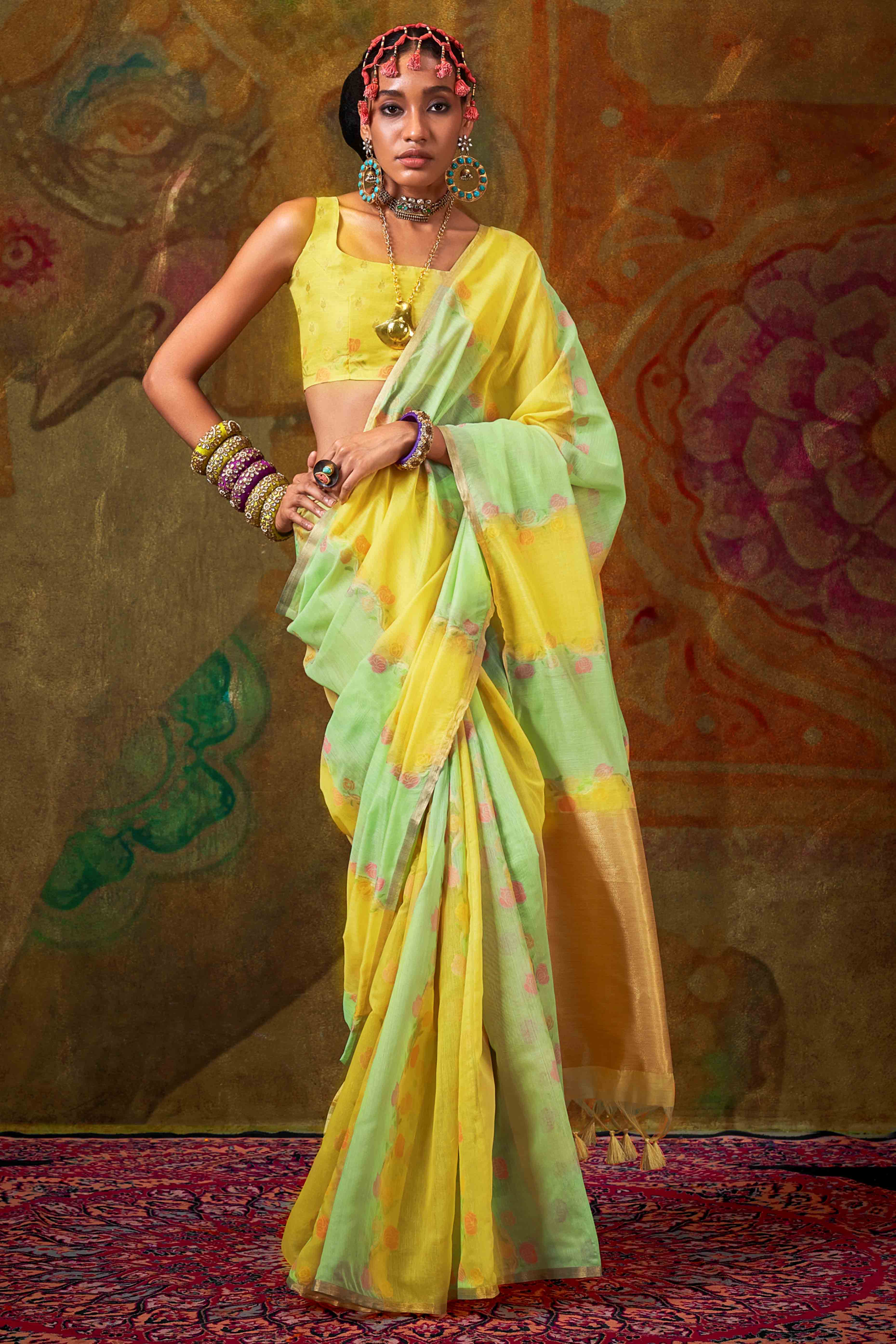 Yellow With Soft Green Floral Handwoven Cotton Blend Saree