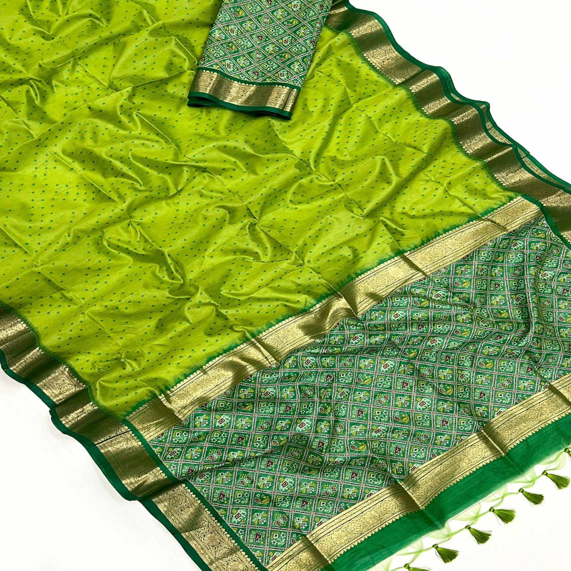 Green Weaved Patola Tussar Silk Saree With Tassels