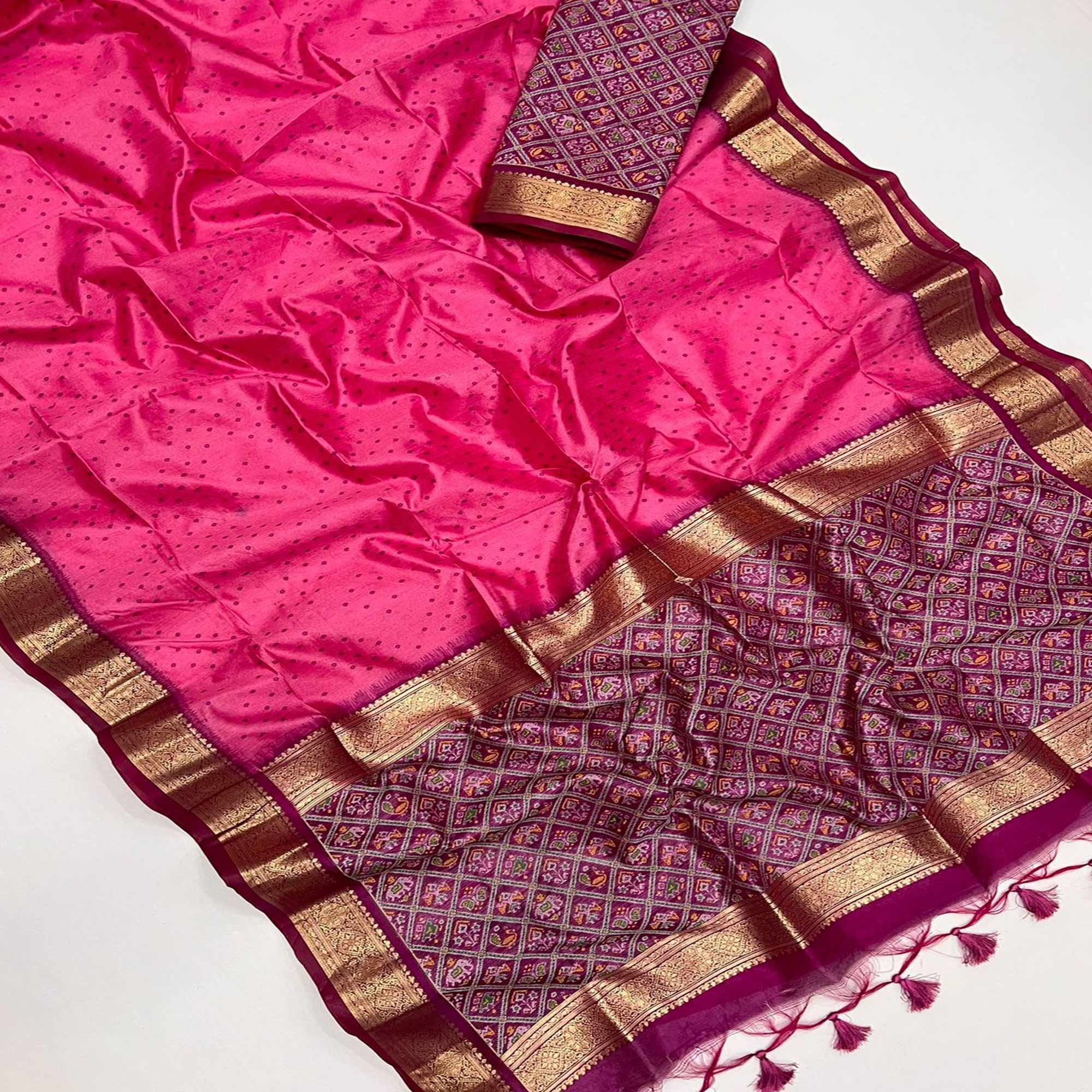 Pink Weaved Patola Tussar Silk Saree With Tassels