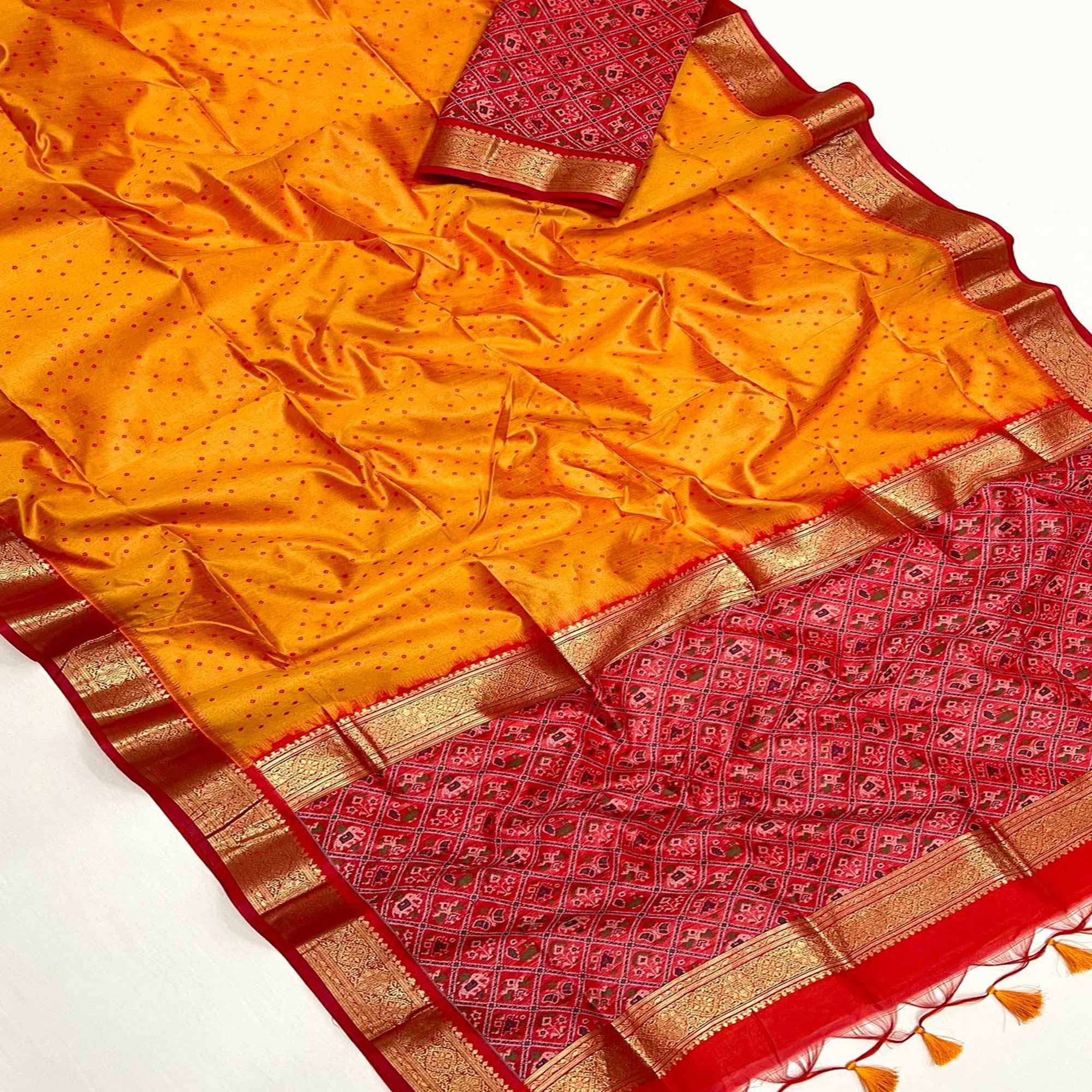 Carrot Orange Weaved Patola Tussar Silk Saree With Tassels